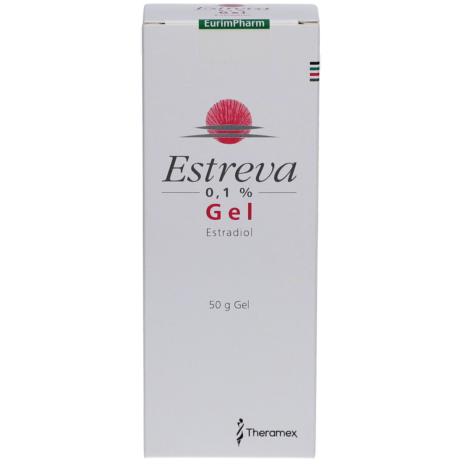 Weiße Schachtel mit Produktaufdruck. Schriftzug: Estreva 0,1% Gel, Estradiol. Logo: roter Kreis mit Strahlen. 50 g Gel. EurimPharm Logo.