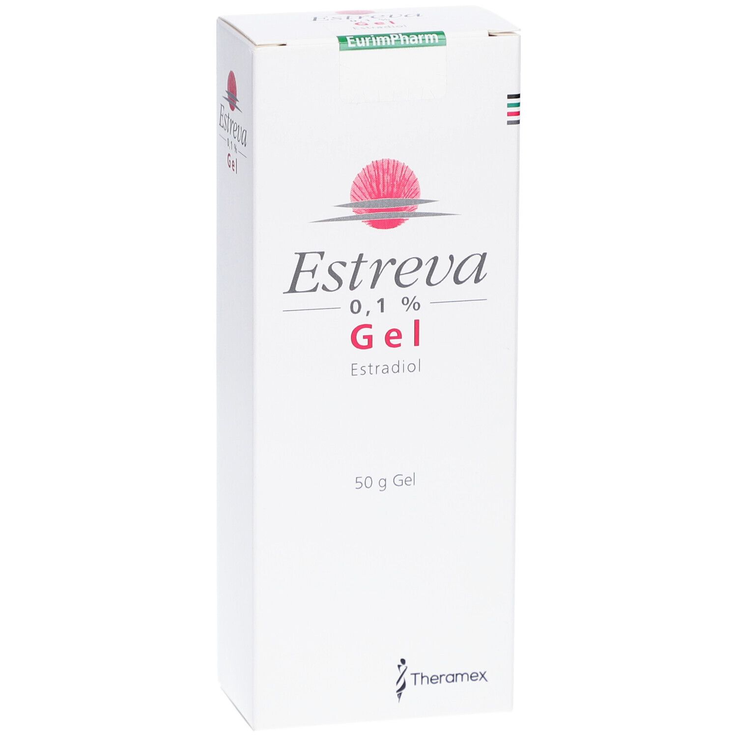 Weiße Schachtel mit Produktaufdruck. Schriftzug: Estreva 0,1% Gel, Estradiol. Logo: roter Kreis mit Strahlen. 50 g Gel. EurimPharm Logo.