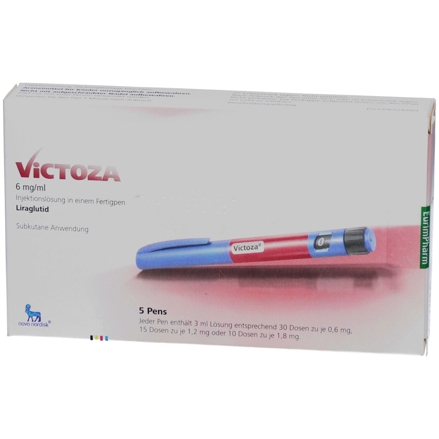 Packung mit VICTOZA-Fertigpen. Enthält 5 Pens. Blaue und rote Pens mit Dosierungsangaben. Liraglutid 6 mg/ml.