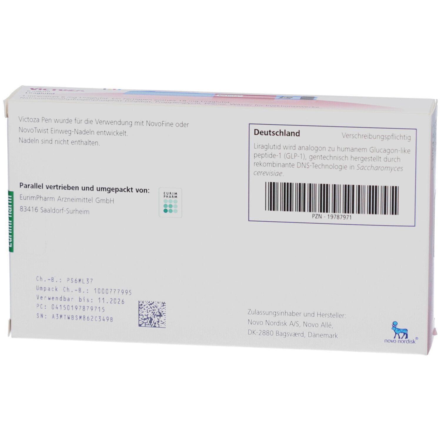 Rückseite der VICTOZA-Verpackung. Textinformationen, Barcode und Logo. Hersteller: Novo Nordisk A/S.