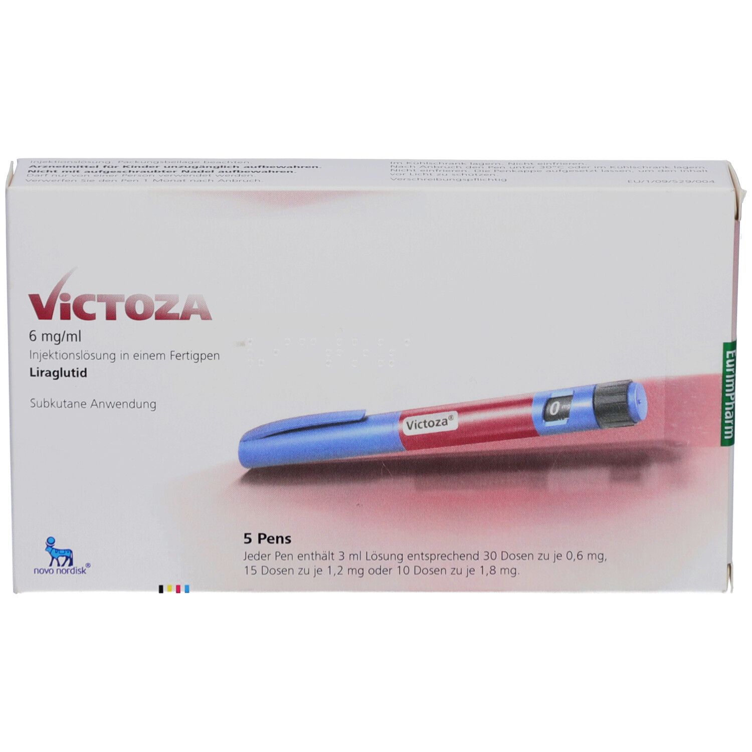 Packung mit VICTOZA-Fertigpen. Enthält 5 Pens. Blaue und rote Pens mit Dosierungsangaben. Liraglutid 6 mg/ml.