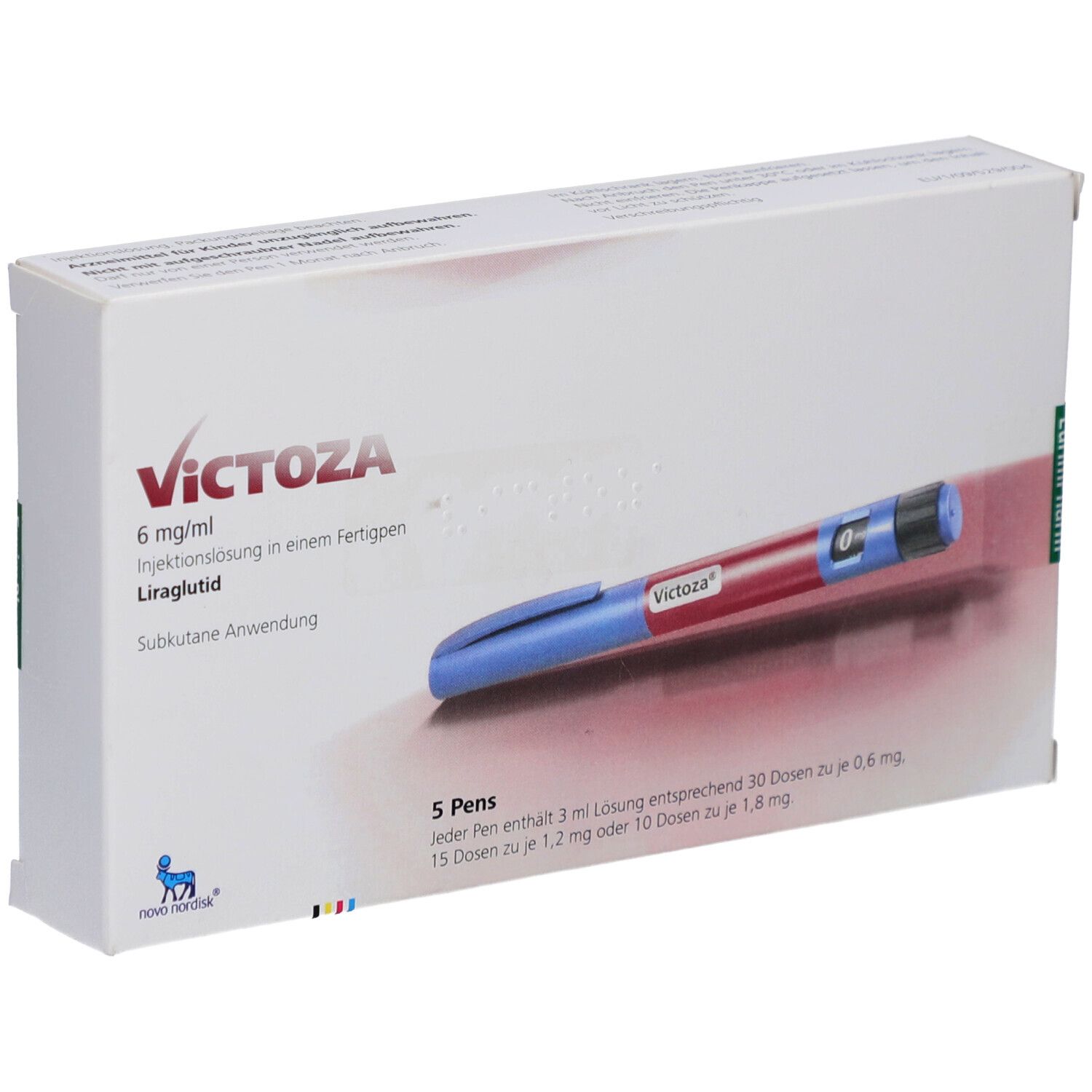 Packung mit VICTOZA-Fertigpen. Enthält 5 Pens. Blaue und rote Pens mit Dosierungsangaben. Liraglutid 6 mg/ml.