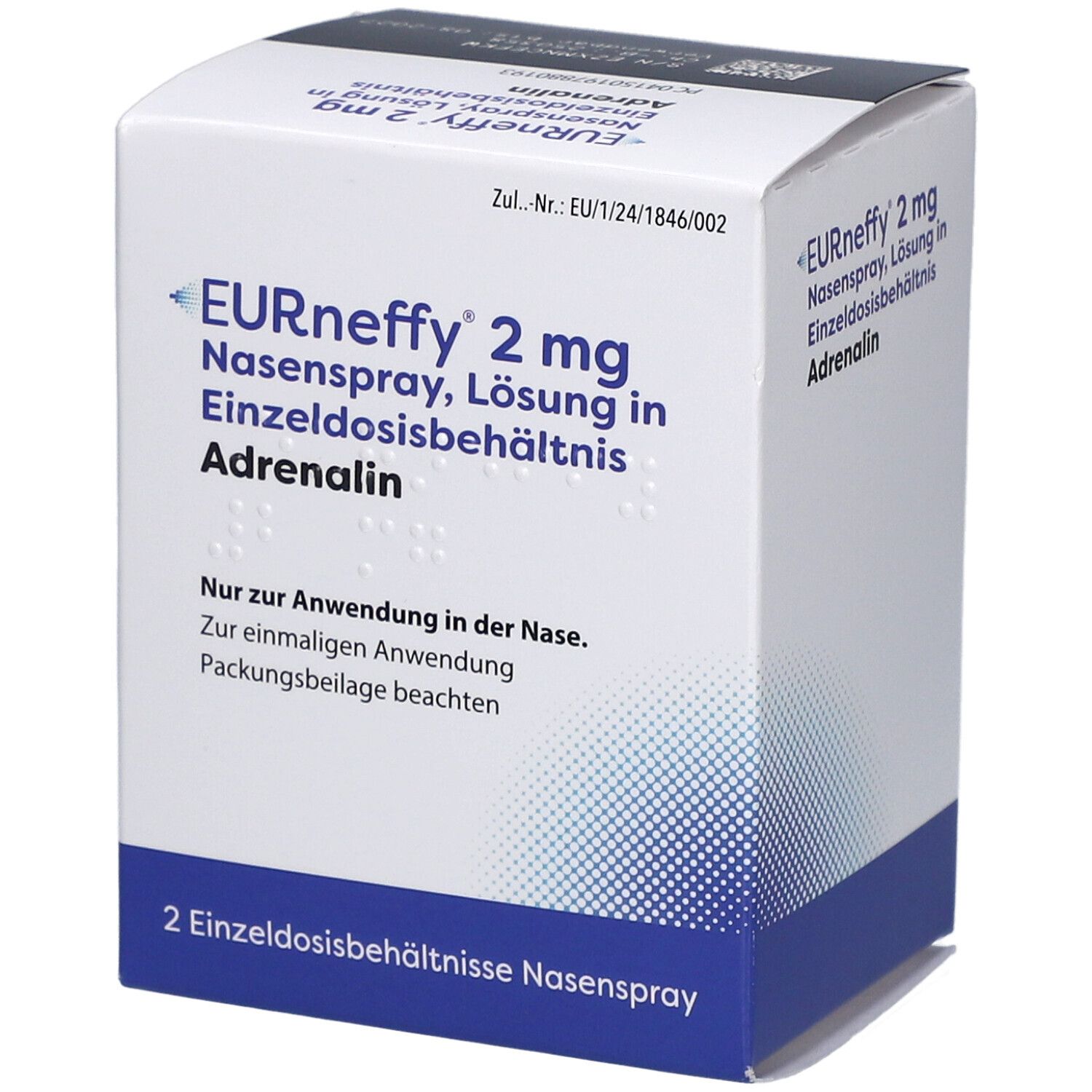 Schachtel mit EURneffy 2 mg Nasenspray. Enthält Adrenalin. Weiße Schachtel mit blauen und schwarzen Akzenten. 2 Einzeldosisbehältnisse.