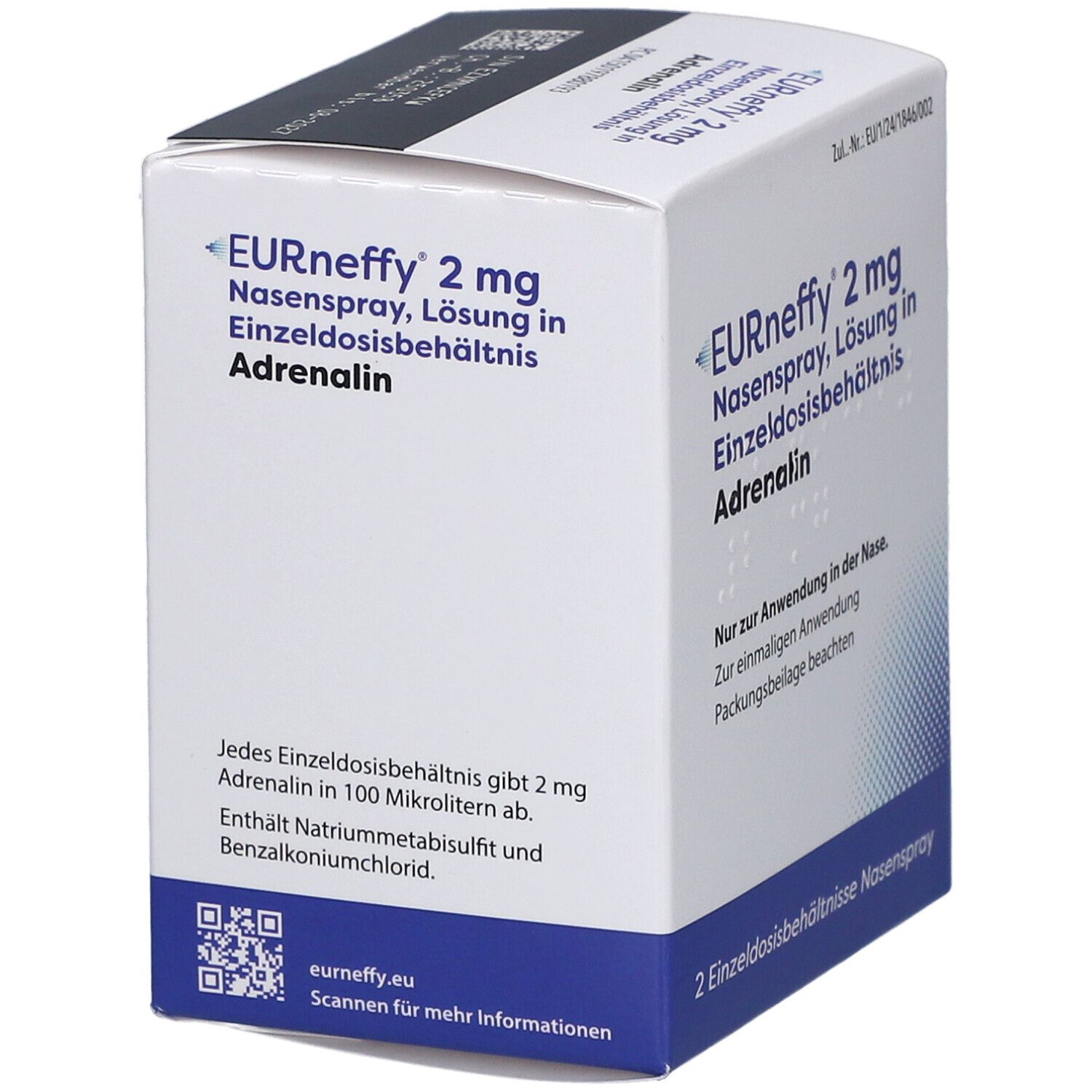 EURneffy 2 mg Nasenspray-Schachtel. Enthält Adrenalin. Weiße Schachtel mit blauen und schwarzen Details. QR-Code und Text.