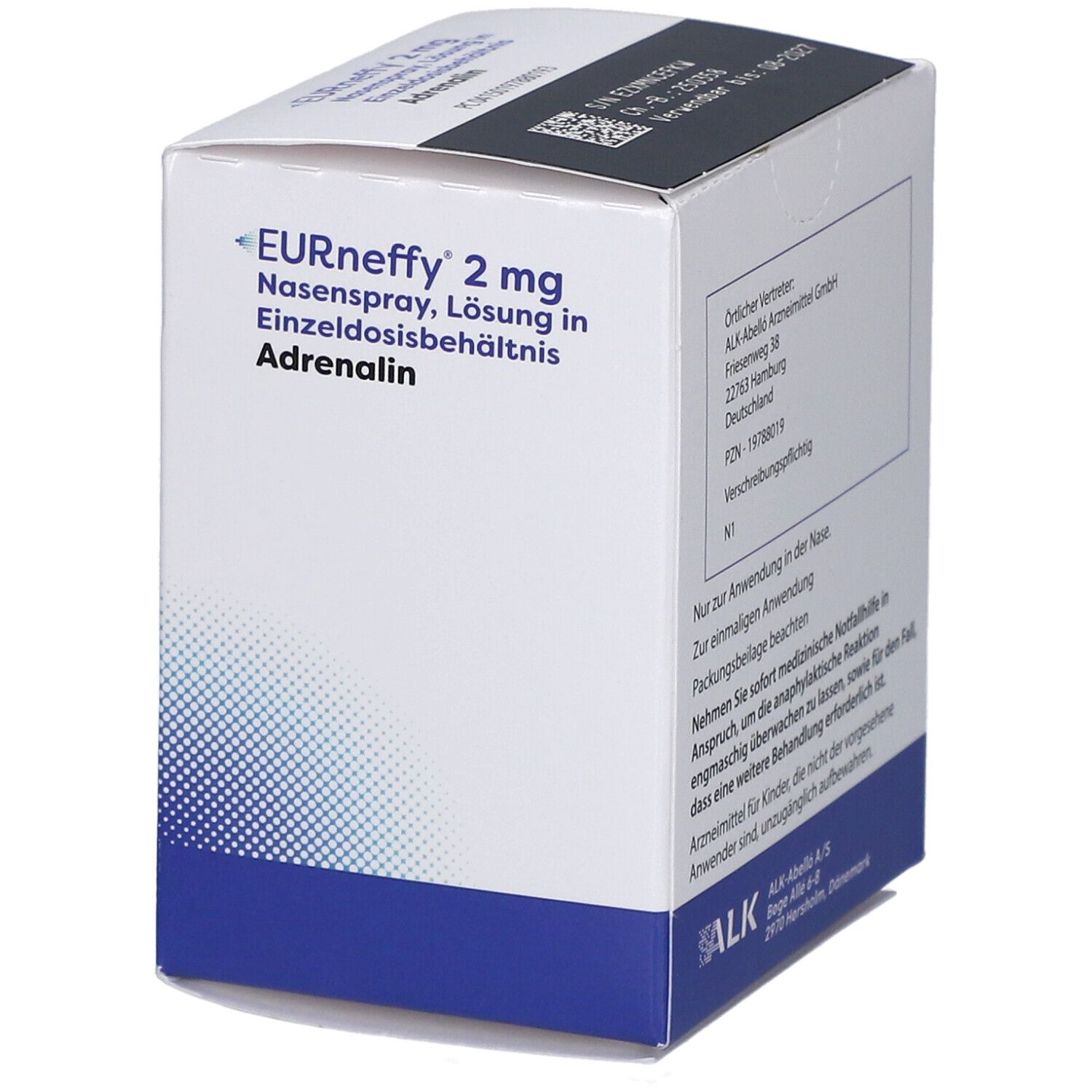 EURneffy 2 mg Nasenspray-Schachtel. Enthält Adrenalin. Weiße Schachtel mit blauen und schwarzen Details. Text und Adresse.