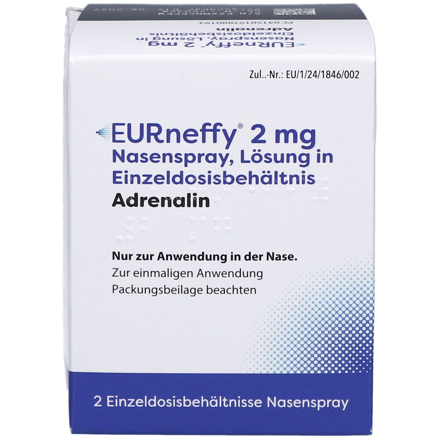 EURneffy 2 mg Nasenspray-Schachtel. Enthält Adrenalin. Weiße Schachtel mit blauen und schwarzen Akzenten. 2 Einzeldosisbehältnisse.