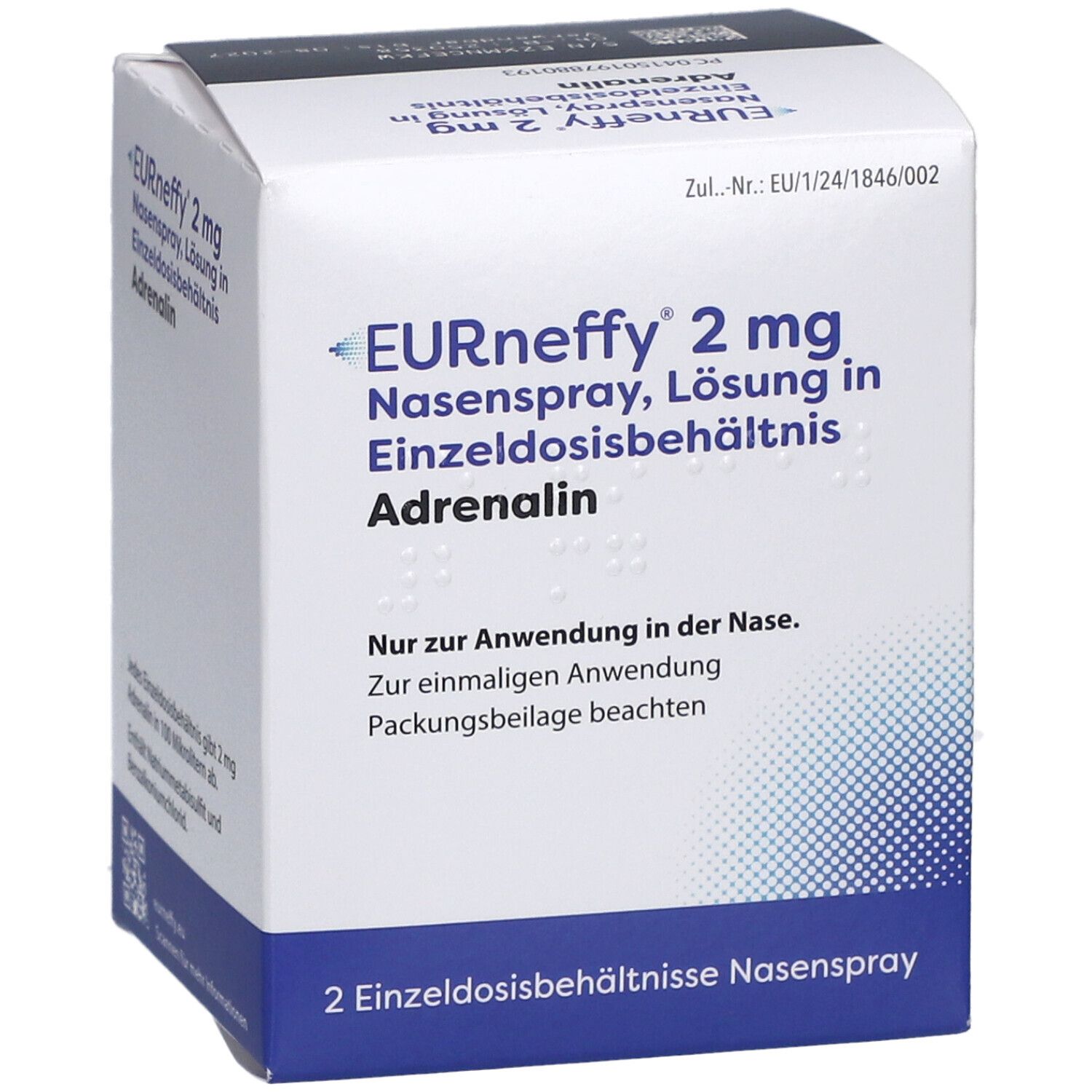 EURneffy 2 mg Nasenspray-Schachtel. Enthält Adrenalin. Weiße Schachtel mit blauen und schwarzen Akzenten. 2 Einzeldosisbehältnisse.