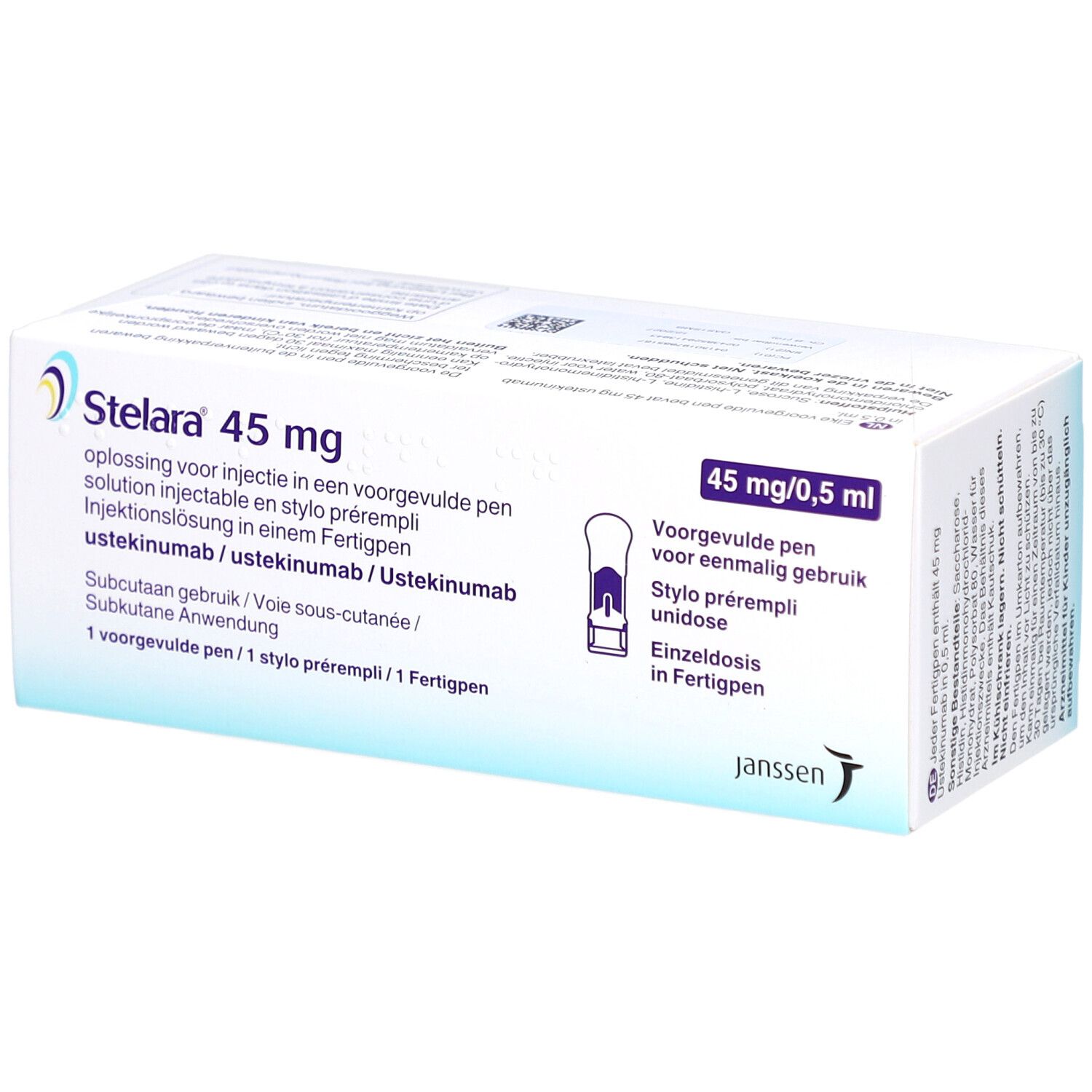 Schachtel mit STELARA 45 mg Injektionslösung. Aufschrift: 45 mg/0,5 ml. Abbildung eines Fertigpens. Janssen-Logo.