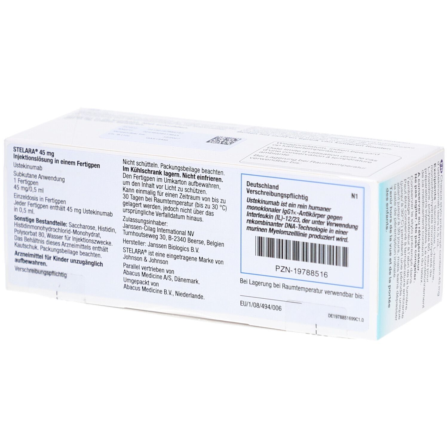 Rückseite der STELARA 45 mg Schachtel. Textinformationen, PZN-Nummer, Herstellerangaben. Text in Deutsch.