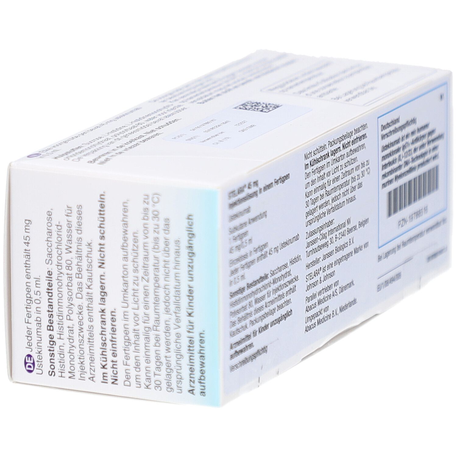 Seite der STELARA 45 mg Schachtel. Auflistung der Inhaltsstoffe. Text in Deutsch. Warnhinweise.