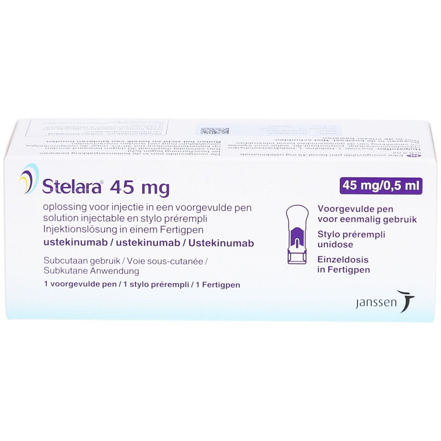 Schachtel mit STELARA 45 mg Injektionslösung. Aufschrift: 45 mg/0,5 ml. Abbildung eines Fertigpens. Janssen-Logo.