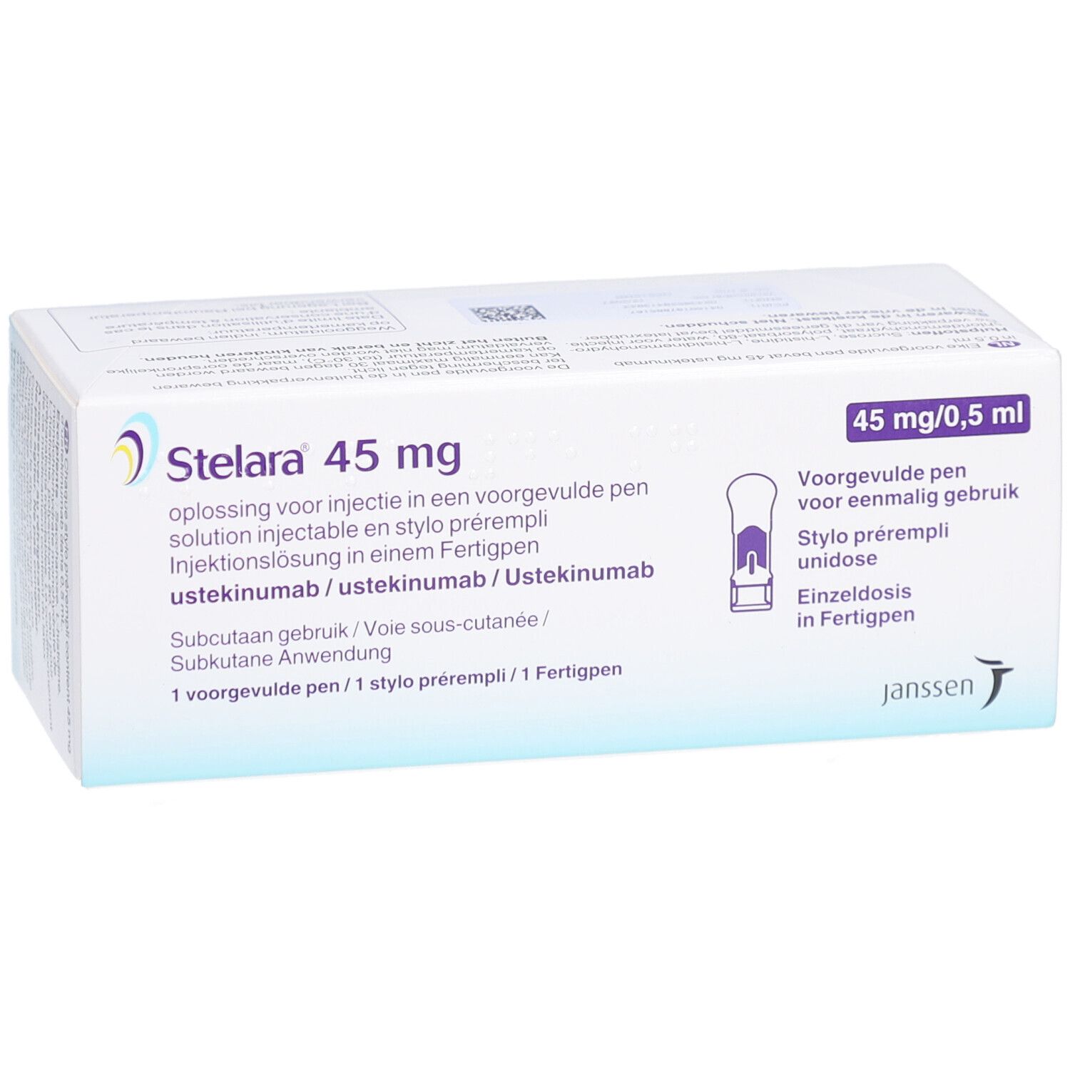 Schachtel mit STELARA 45 mg Injektionslösung. Aufschrift: 45 mg/0,5 ml. Abbildung eines Fertigpens. Janssen-Logo.