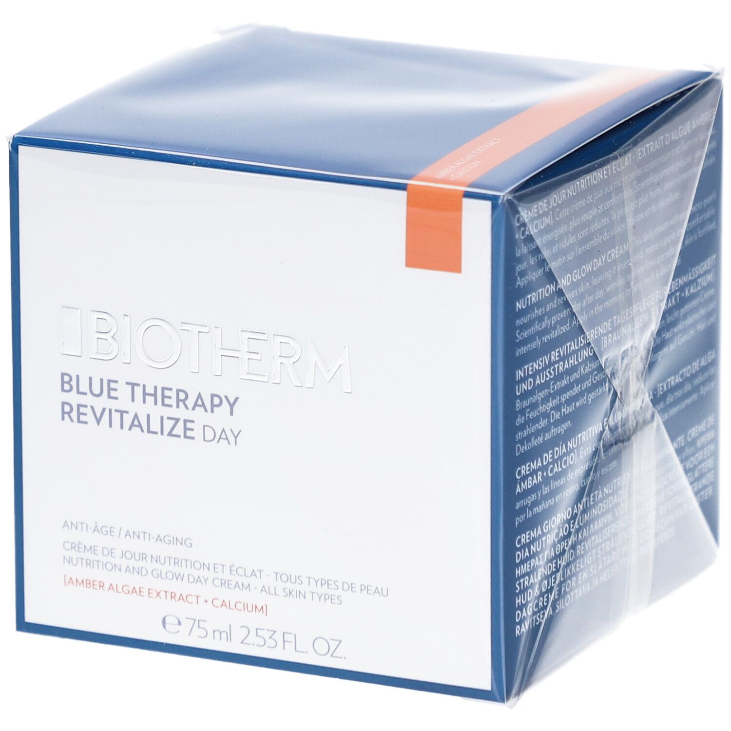 Blau-weiße Schachtel mit Produktinformationen. Orangefarbener Streifen. "Biotherm Blue Therapy Revitalize Day".