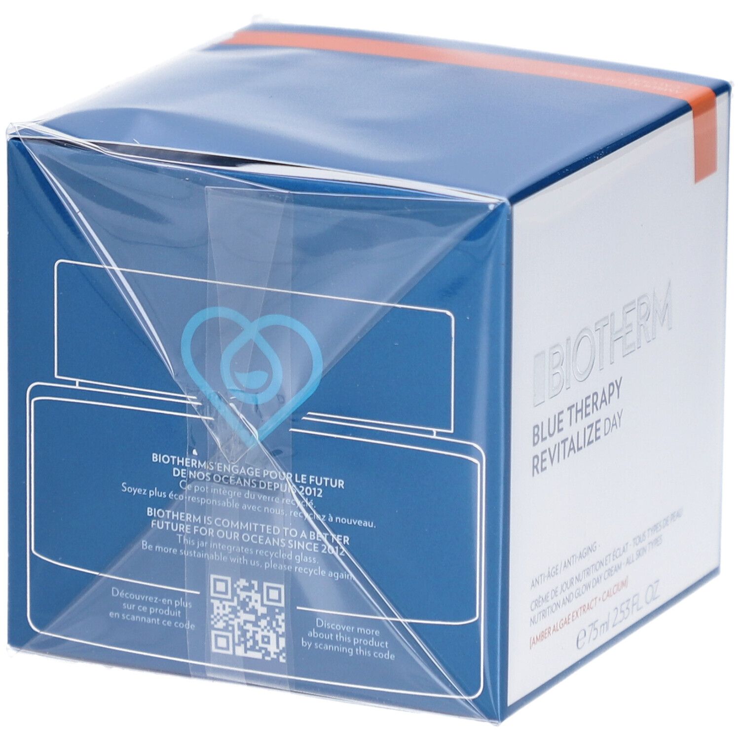Rückseite der Produktverpackung. Text und QR-Code. "Biotherm engagiert sich für die Zukunft der Ozeane".
