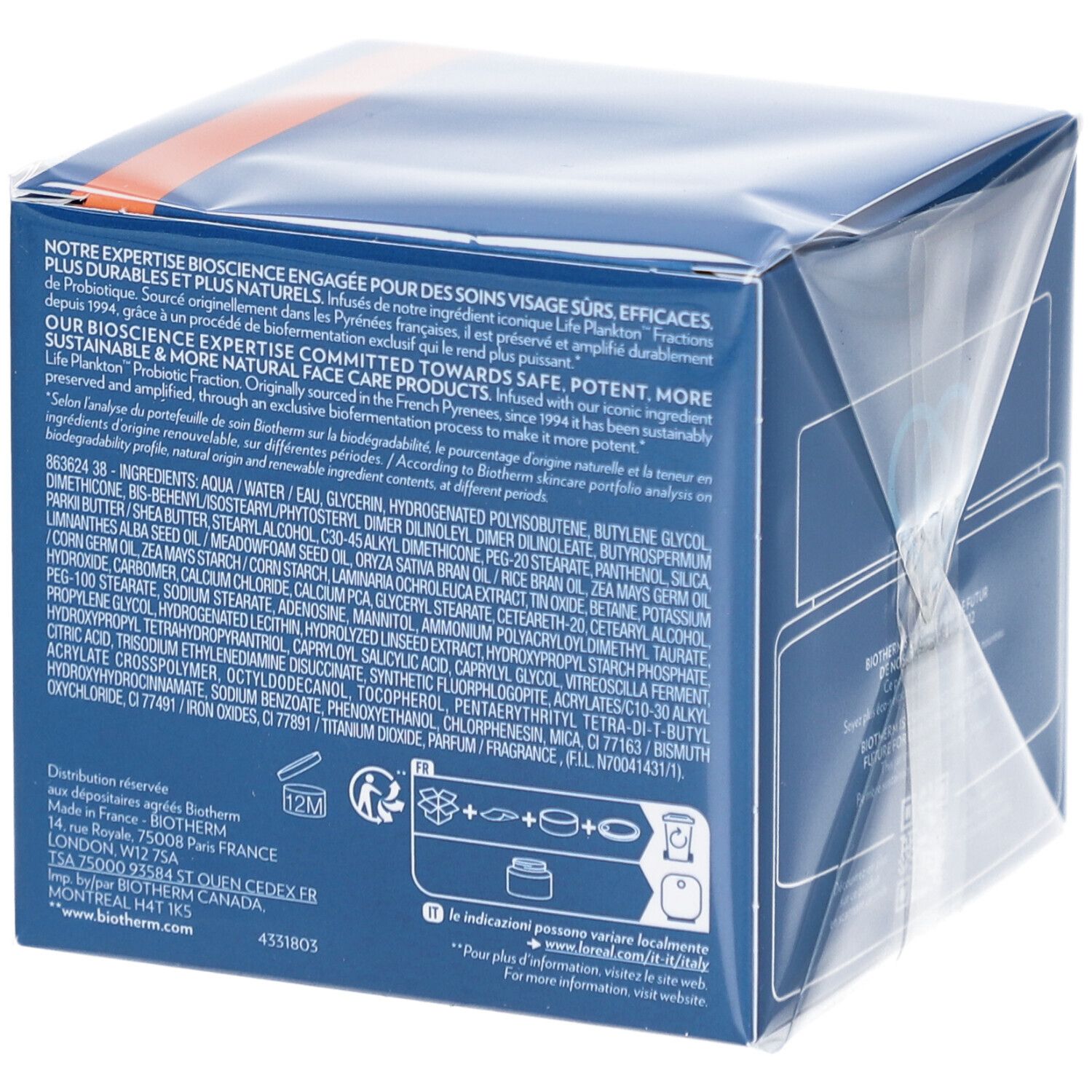 Rückseite der Produktverpackung mit Inhaltsstoffen und Informationen. Text in mehreren Sprachen.