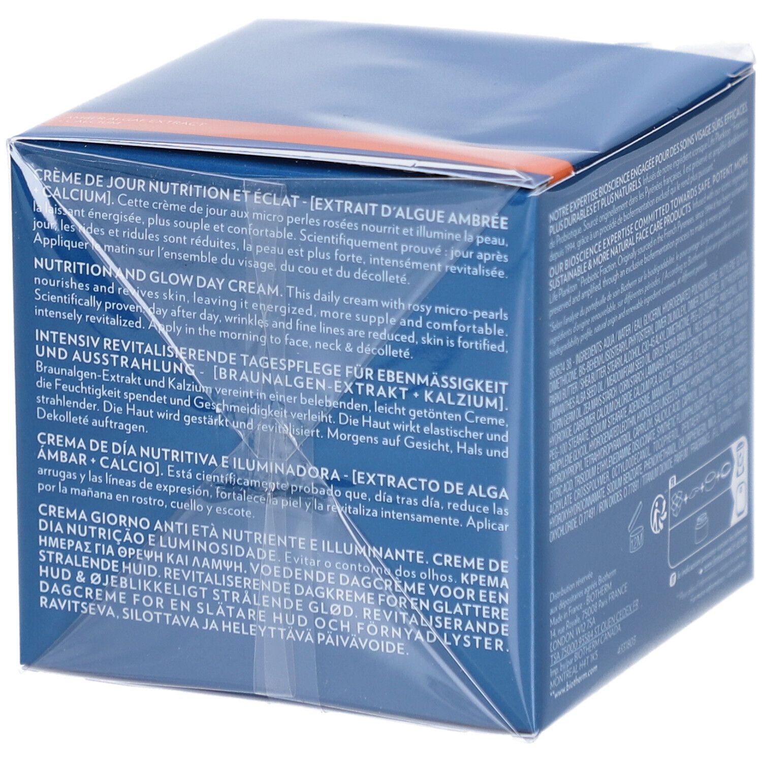 Produktverpackung mit Text in mehreren Sprachen. "Creme de jour nutrition et éclat".