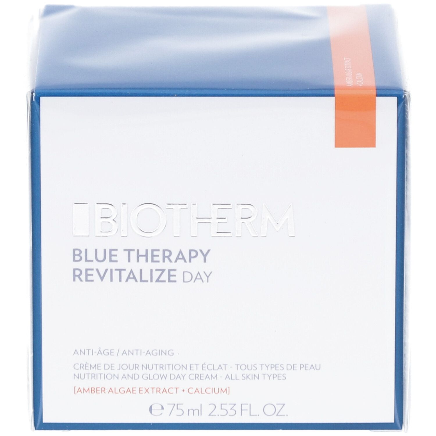 Vorderseite der Produktverpackung. "Biotherm Blue Therapy Revitalize Day". Weiße Schrift auf blauem Grund.