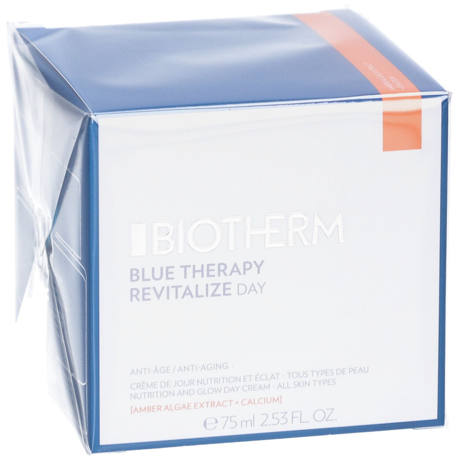 Produktverpackung, Vorderseite. "Biotherm Blue Therapy Revitalize Day". Weiße Schrift auf blauem Grund.