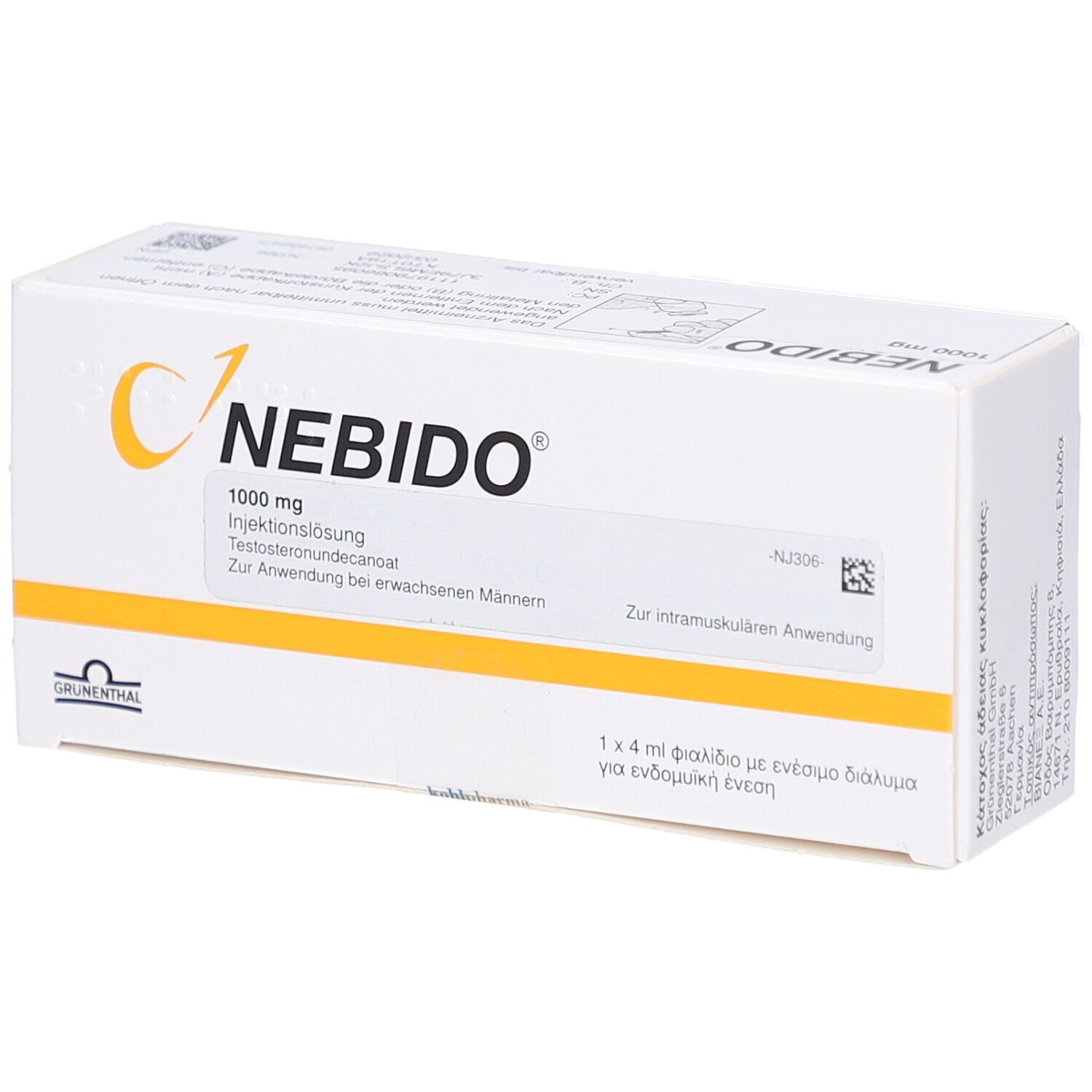 Weiße Verpackung mit gelbem Logo und Schriftzug NEBIDO 1000 mg. Enthält Injektionslösung. Für erwachsene Männer.
