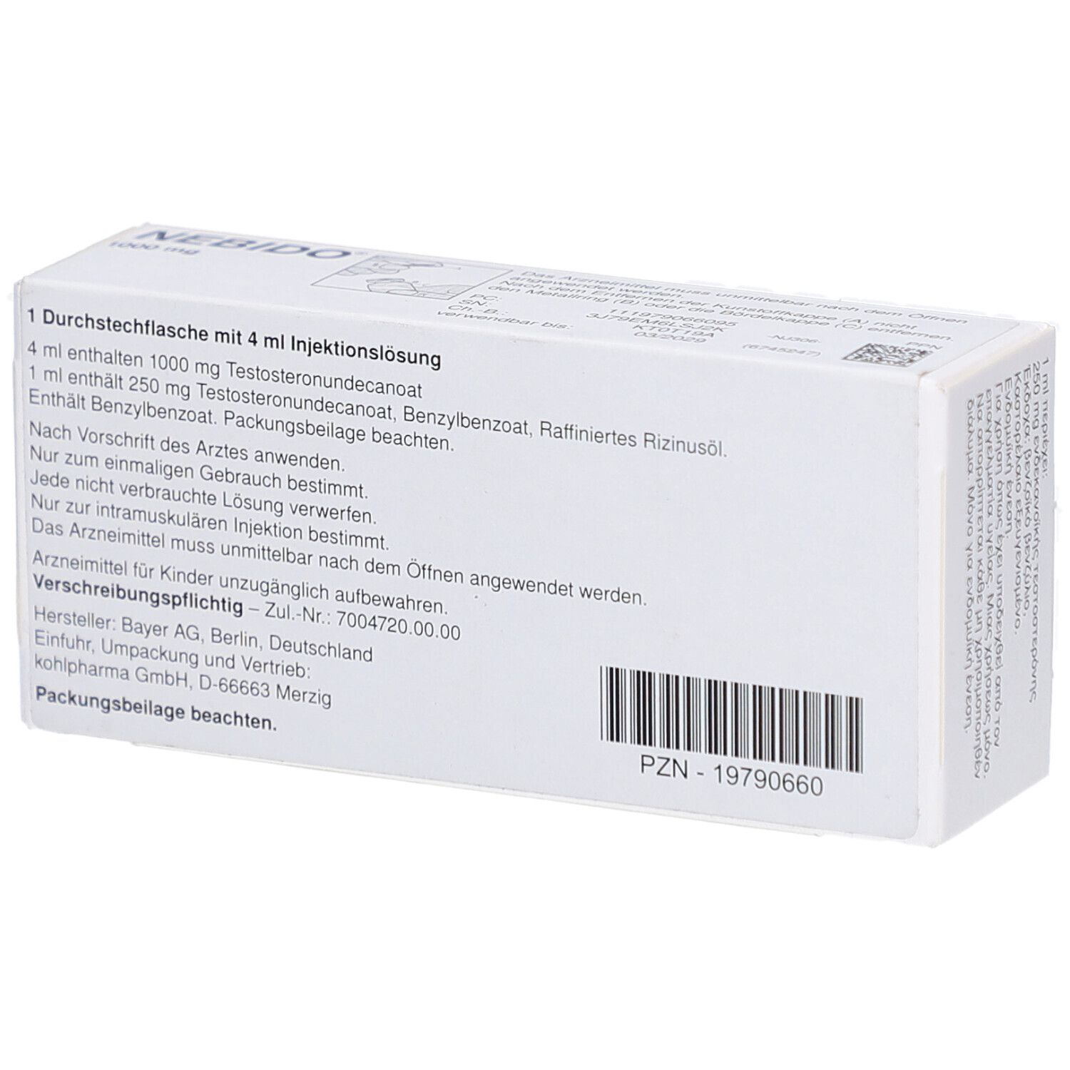 Rückseite der weißen Verpackung mit Text. Enthält 4 Durchstechflaschen mit Injektionslösung. PZN-19790660.