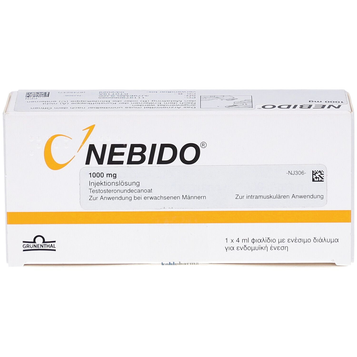 Weiße Verpackung mit gelbem Logo und Schriftzug NEBIDO 1000 mg. Enthält Injektionslösung. Für erwachsene Männer.