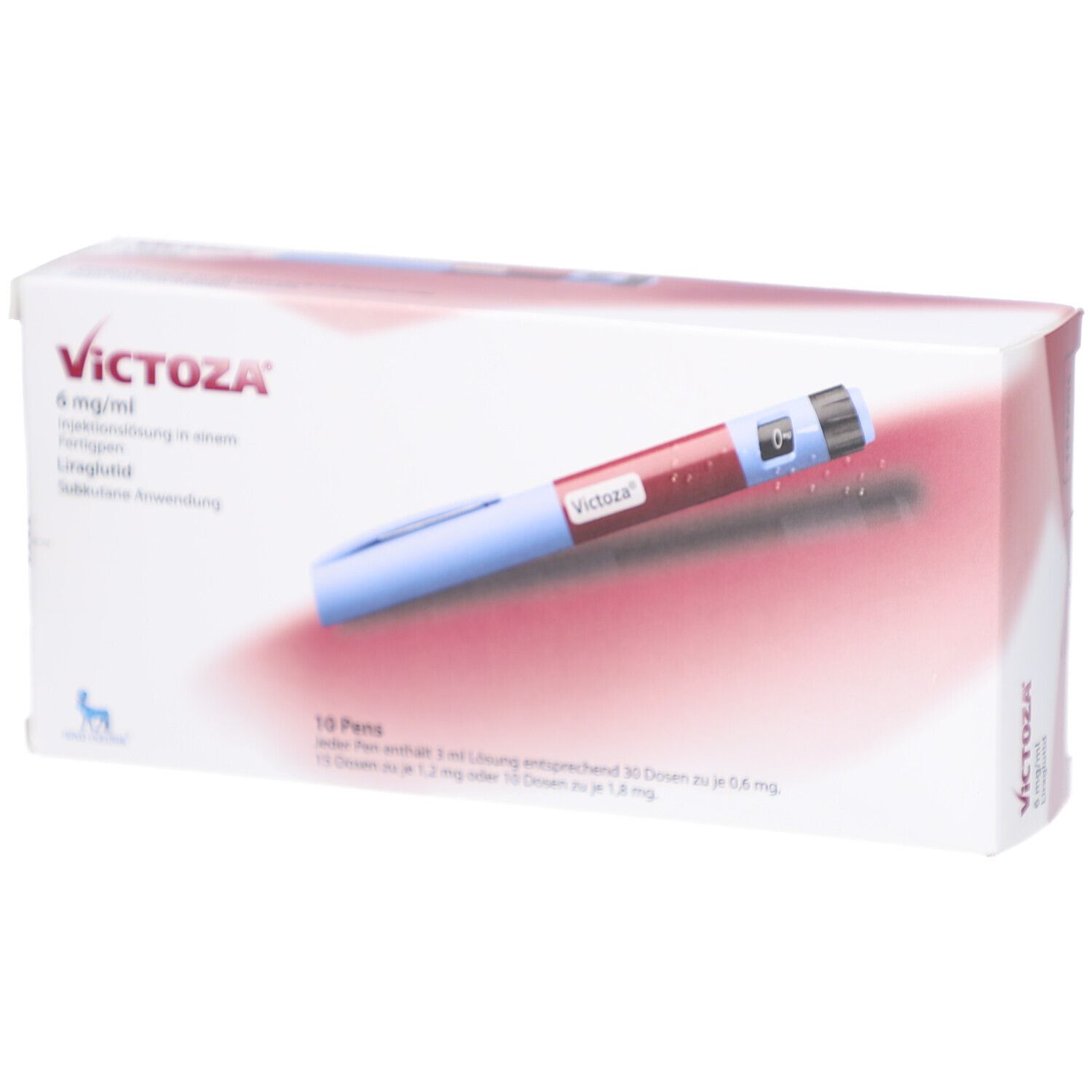 Verpackung mit VICTOZA 6 mg/ml Fertigpen. Ein Pen ist abgebildet. Aufdruck: 10 Pens.