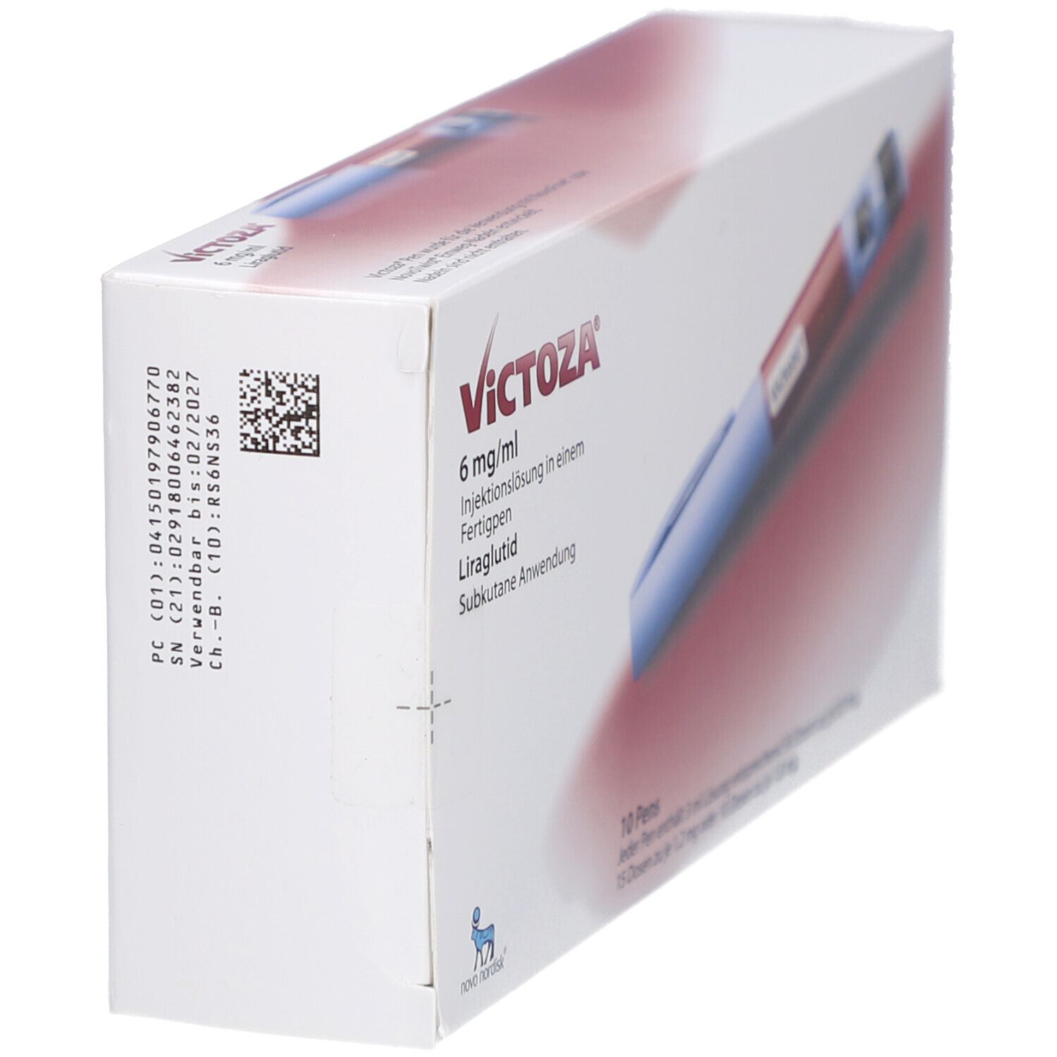 Seitenansicht der VICTOZA-Verpackung. Aufdruck: VICTOZA 6 mg/ml, 10 Pens. Barcode und Chargennummer.