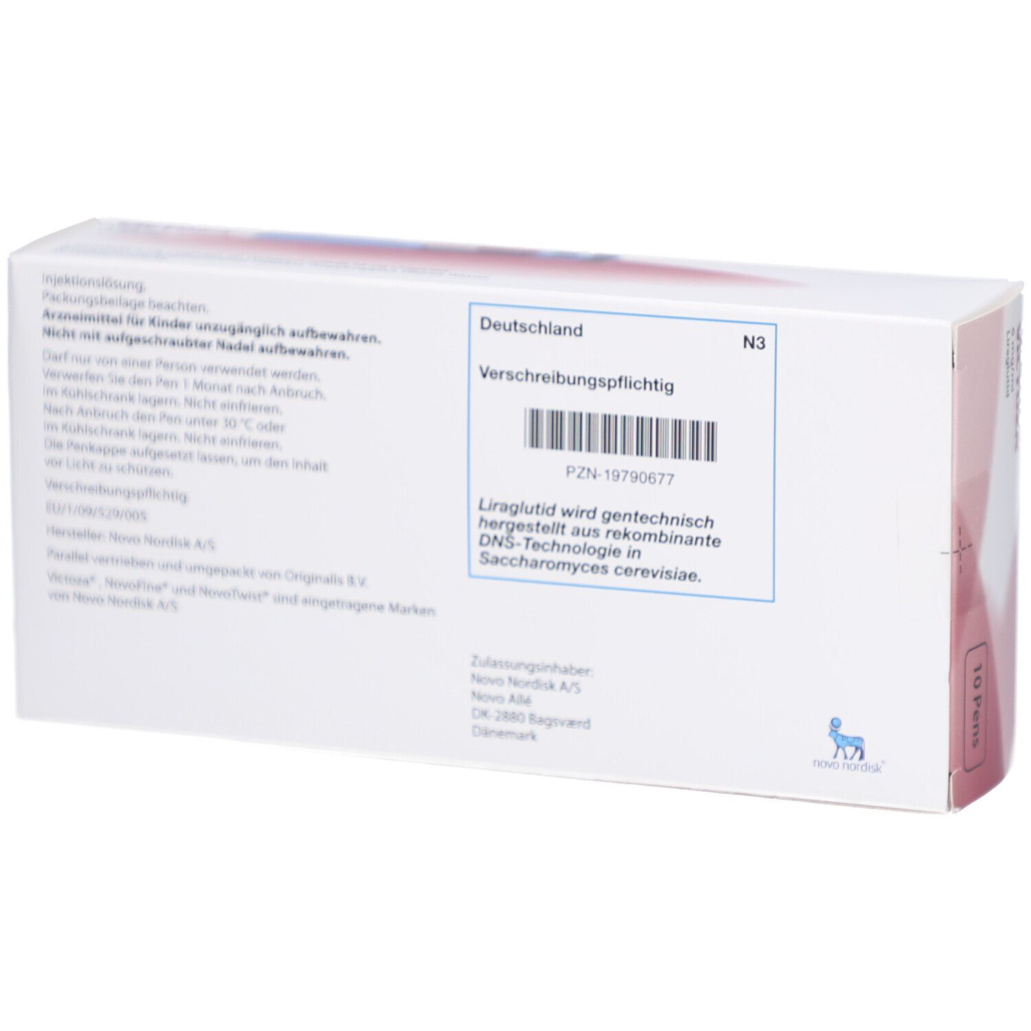 Rückseite der VICTOZA-Verpackung. Aufdruck: Verschreibungspflichtig. Text und Barcode.