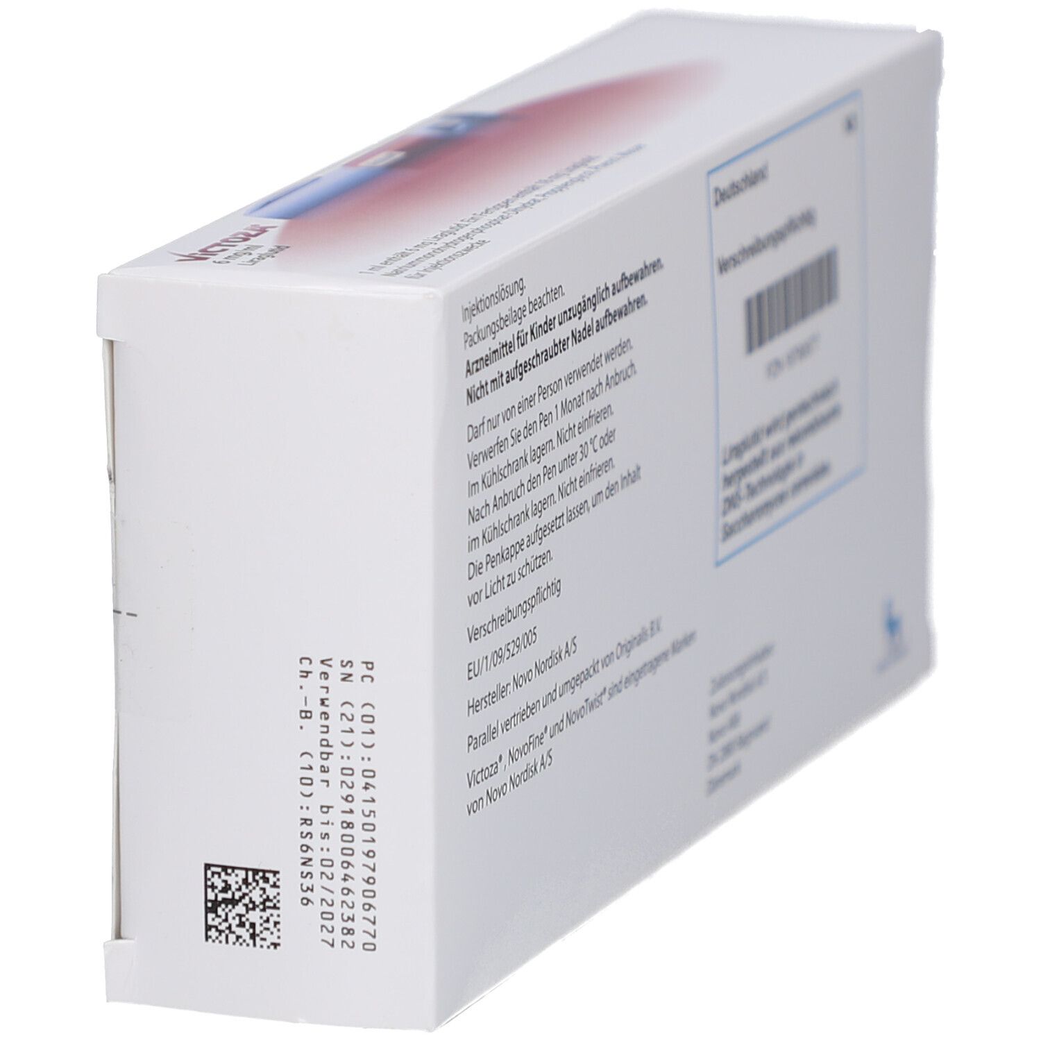 Seitenansicht der VICTOZA-Verpackung. Aufdruck: VICTOZA 6 mg/ml. Barcode und Chargennummer.