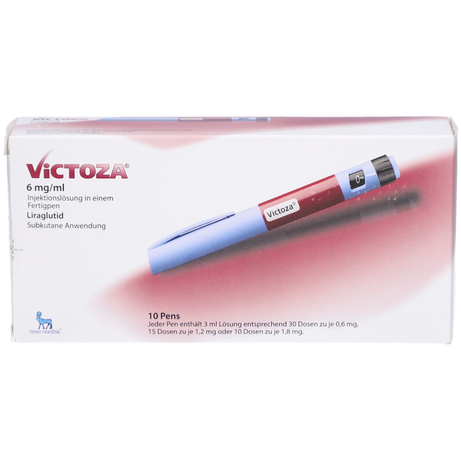 Verpackung mit VICTOZA 6 mg/ml Fertigpen. Ein Pen ist abgebildet. Aufdruck: 10 Pens.