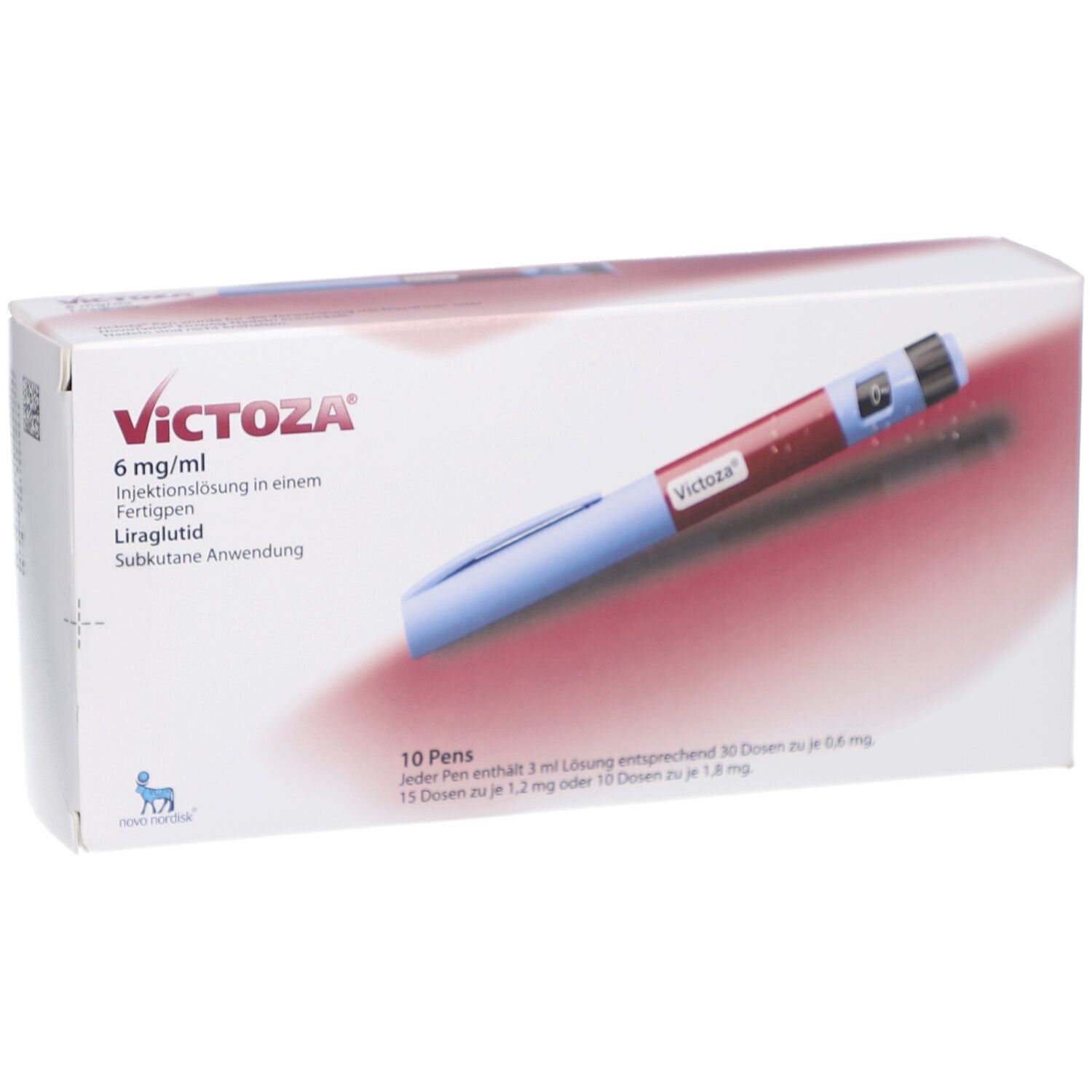 Verpackung mit VICTOZA 6 mg/ml Fertigpen. Ein Pen ist abgebildet. Aufdruck: 10 Pens.