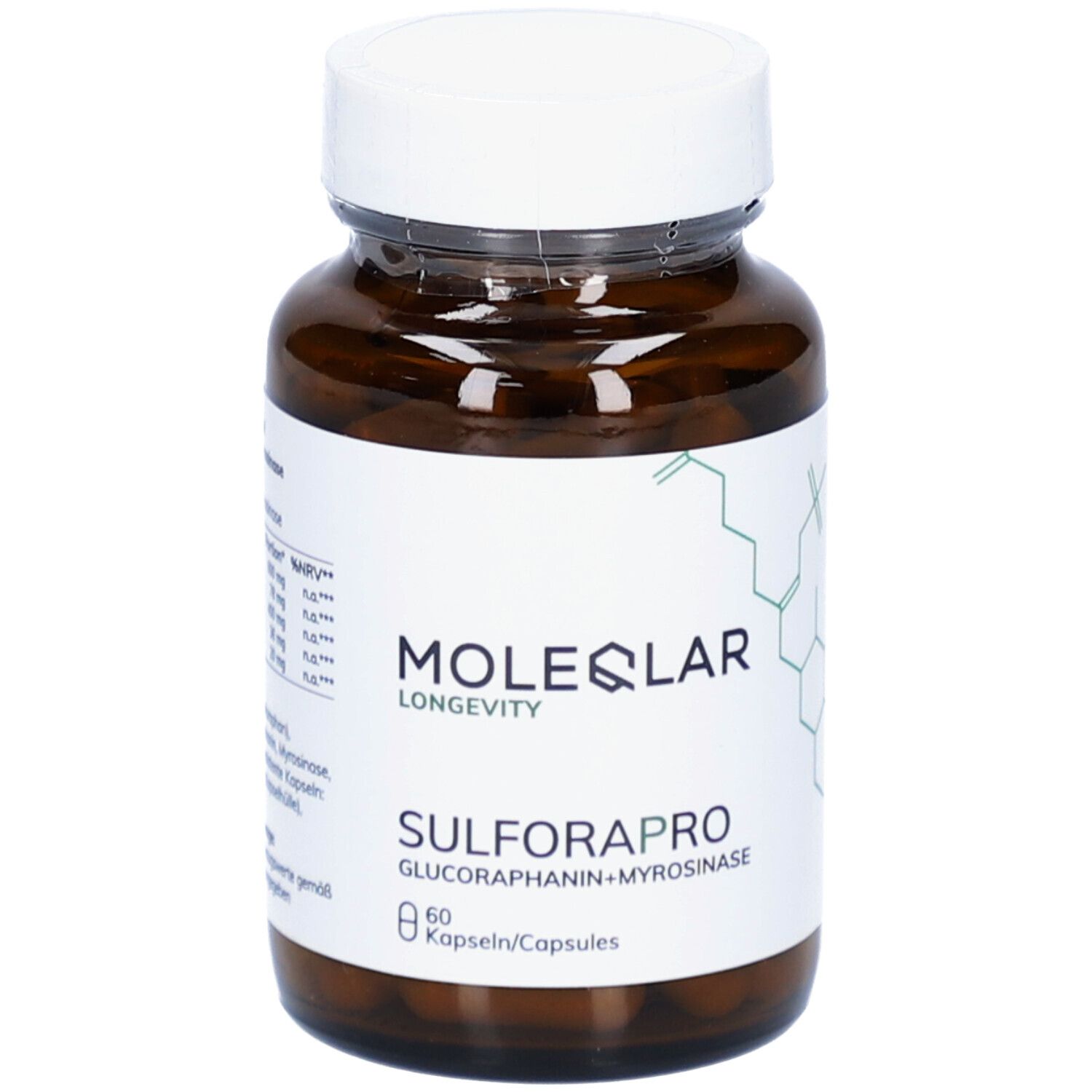Braune Glasflasche mit weißen Etikett. Aufschrift: MOLEQLAR, SULFAROPRO, 60 Kapseln. Enthält Glucoraphanin+Myrosinase.