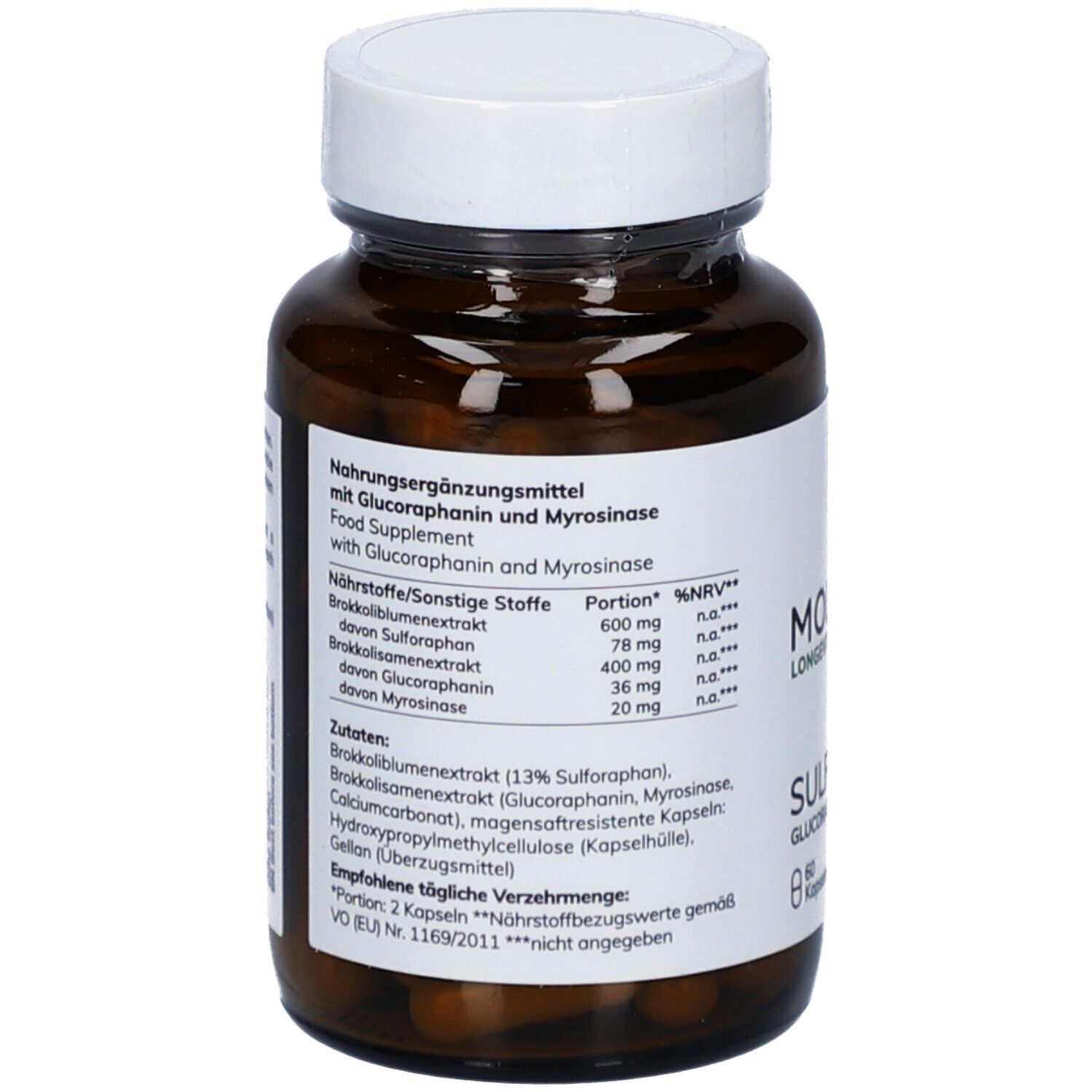 Rückseite einer braunen Glasflasche mit weißem Etikett. Enthält Informationen zu Inhaltsstoffen und Nährwerten. Aufschrift: SULFAROPRO.