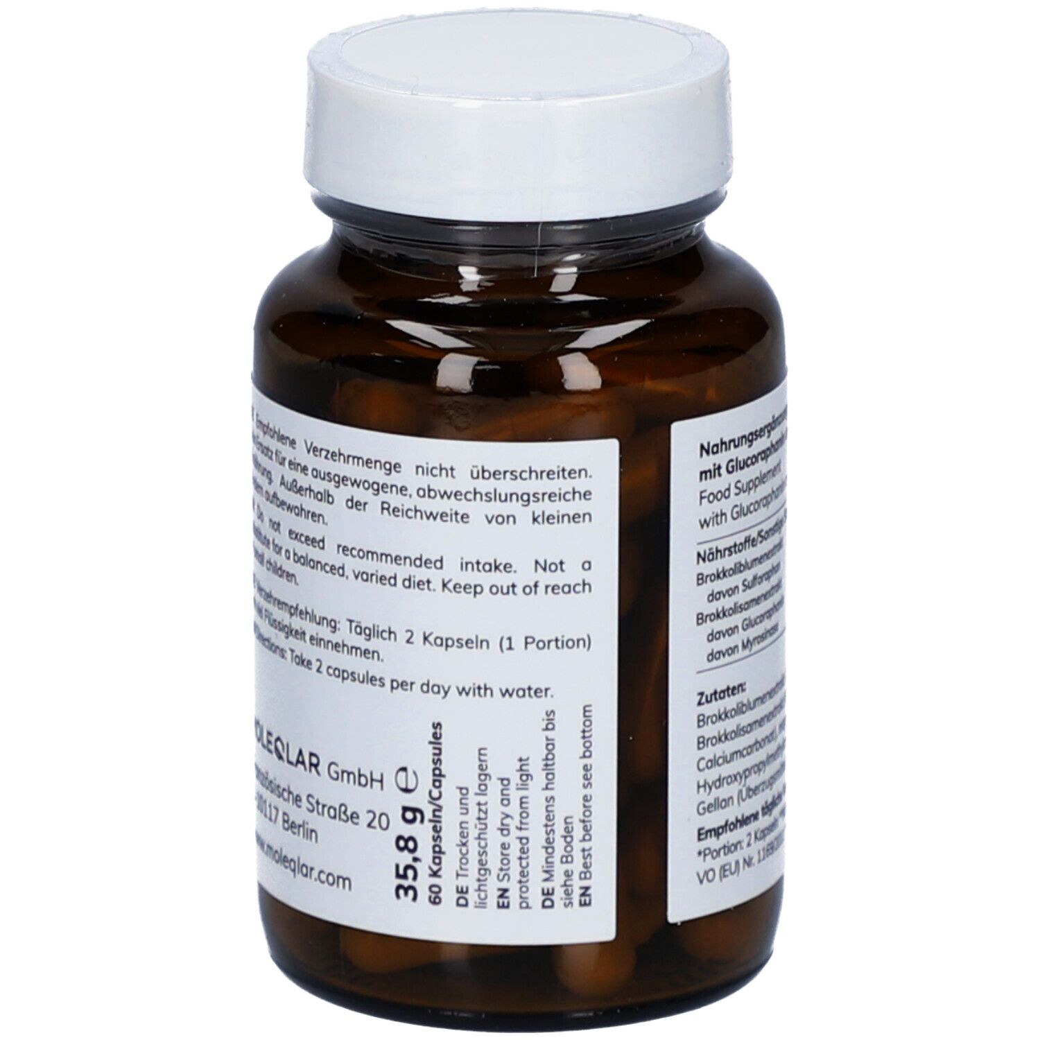 Braune Glasflasche mit weißem Deckel und Etikett. Enthält 60 Kapseln. Aufschrift: MOLEQLAR, SULFAROPRO. Gewicht: 35,8 g.