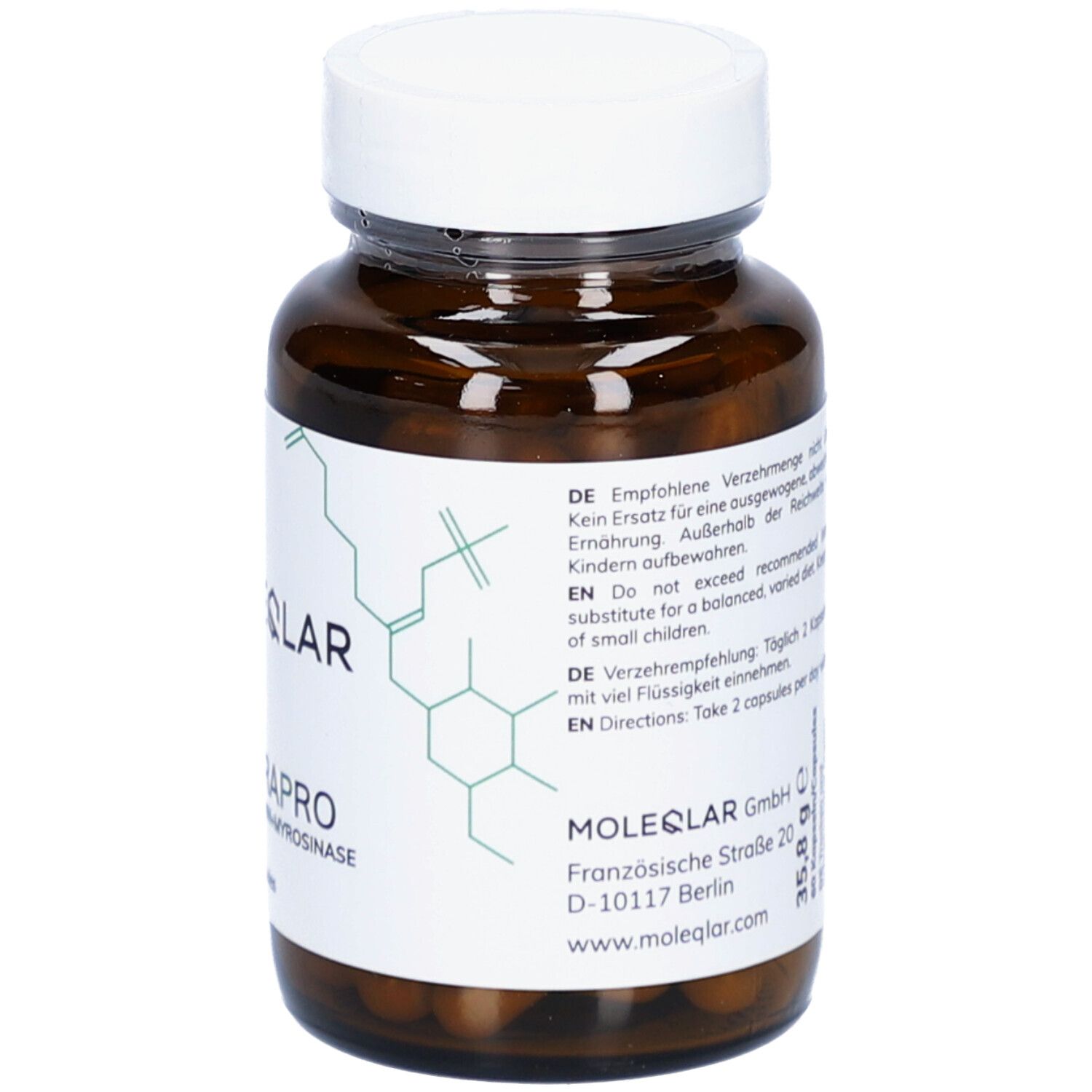 Braune Glasflasche mit weißem Deckel und Etikett. Aufschrift: MOLEQLAR, SULFAROPRO, 60 Kapseln. Enthält Glucoraphanin+Myrosinase.