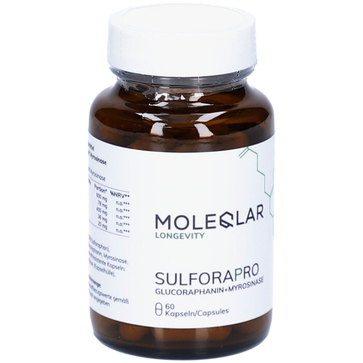 Braune Glasflasche mit weißem Deckel und Etikett. Aufschrift: MOLEQLAR, SULFAROPRO, 60 Kapseln. Enthält Glucoraphanin+Myrosinase.