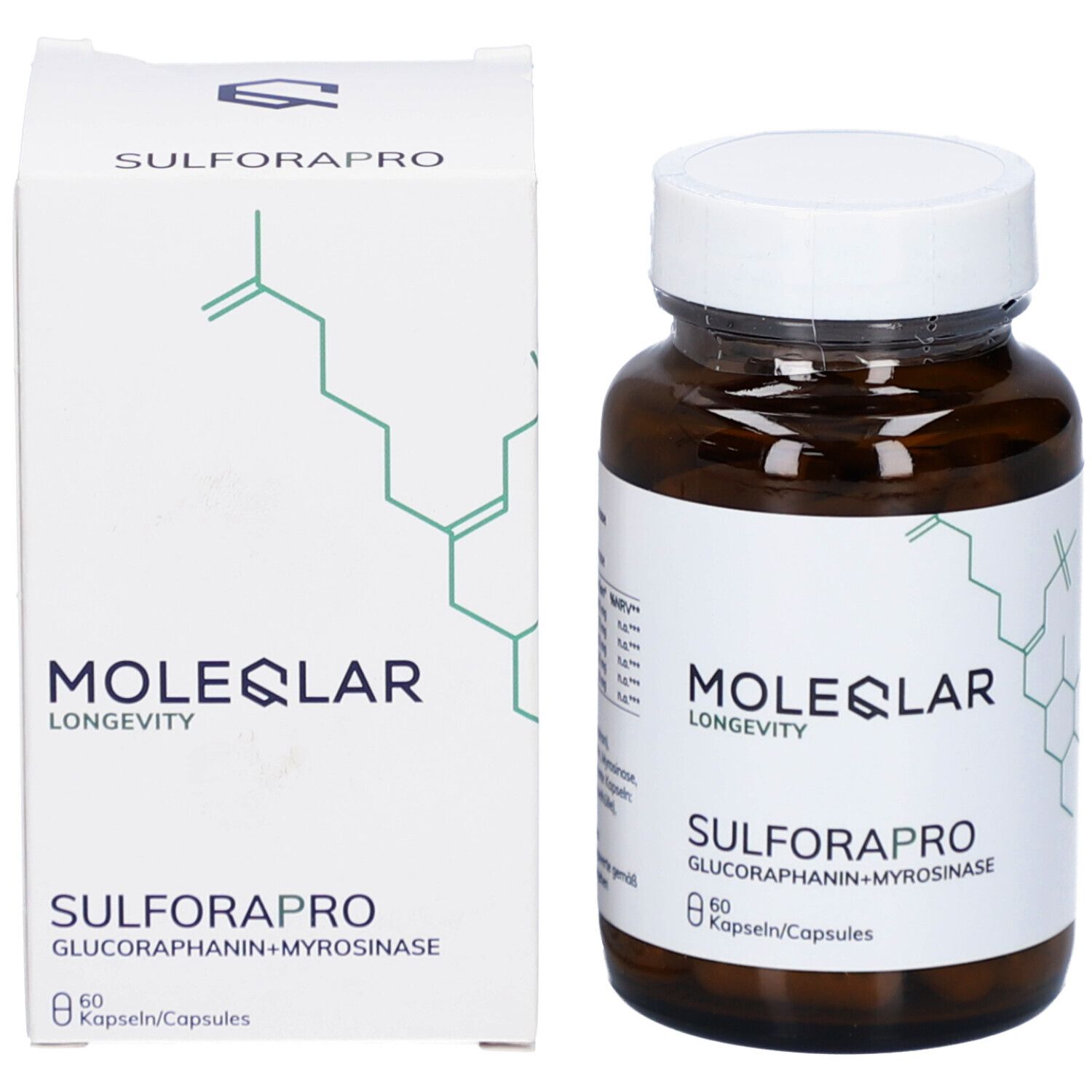 Produktverpackung mit Flasche und Karton. Flasche: braun, weißer Deckel, Etikett. Karton: weiß, Aufschrift: MOLEQLAR, SULFAROPRO.