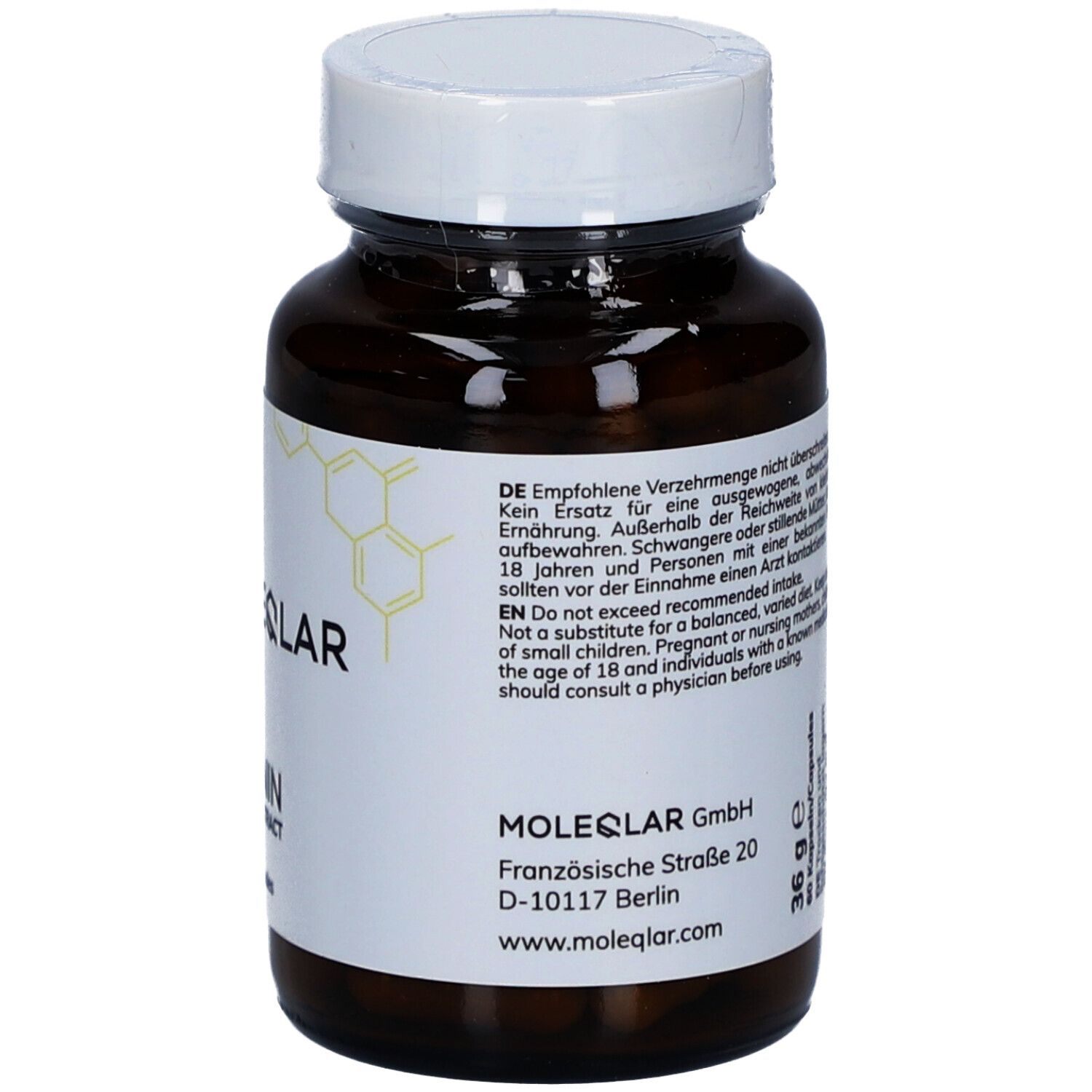 Rückseite der Flasche mit Informationen. Enthält "MOLEQLAR GmbH" und Kontaktinformationen. Warnhinweise.