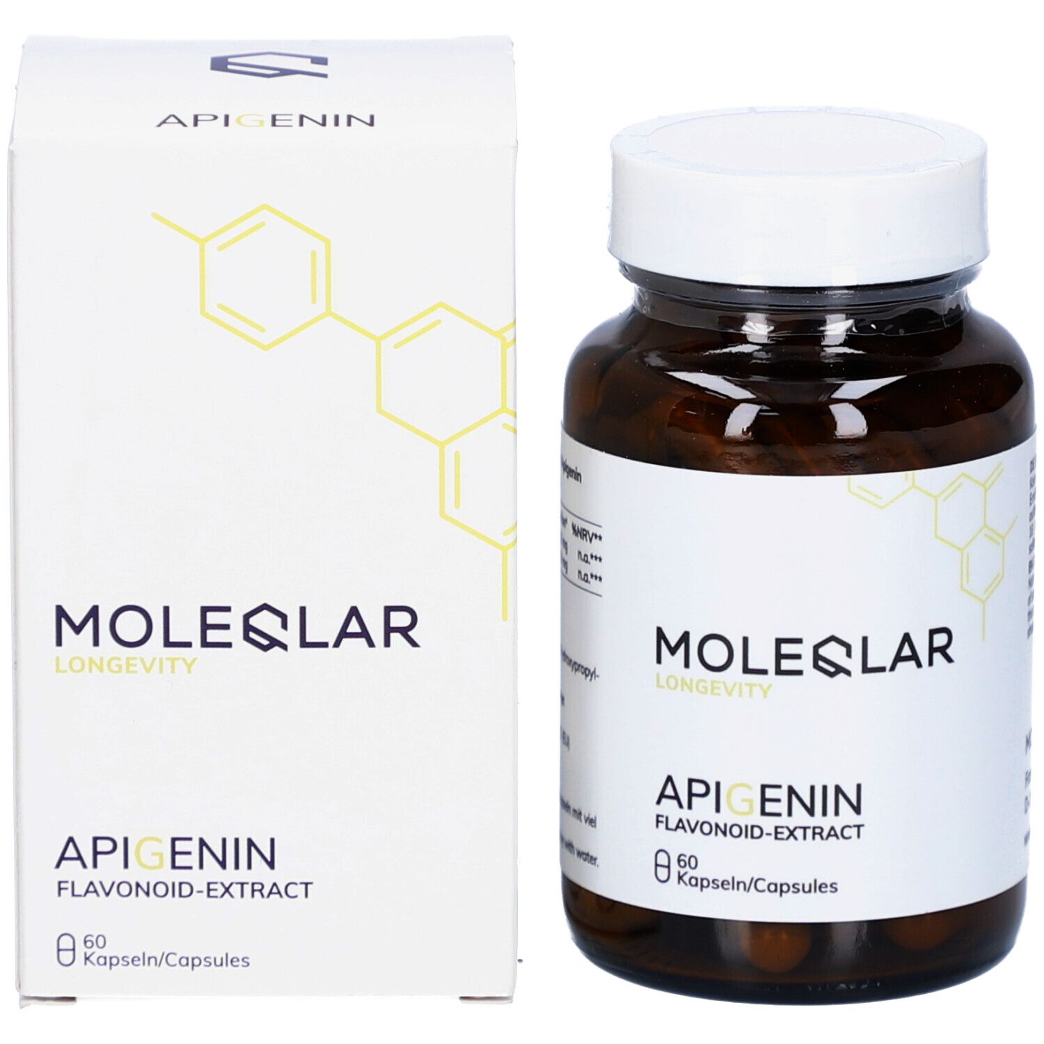 Produktpackung mit Flasche und Schachtel. Flasche mit "MOLEQLAR" und "APIGENIN". Schachtel mit gleichem Design.