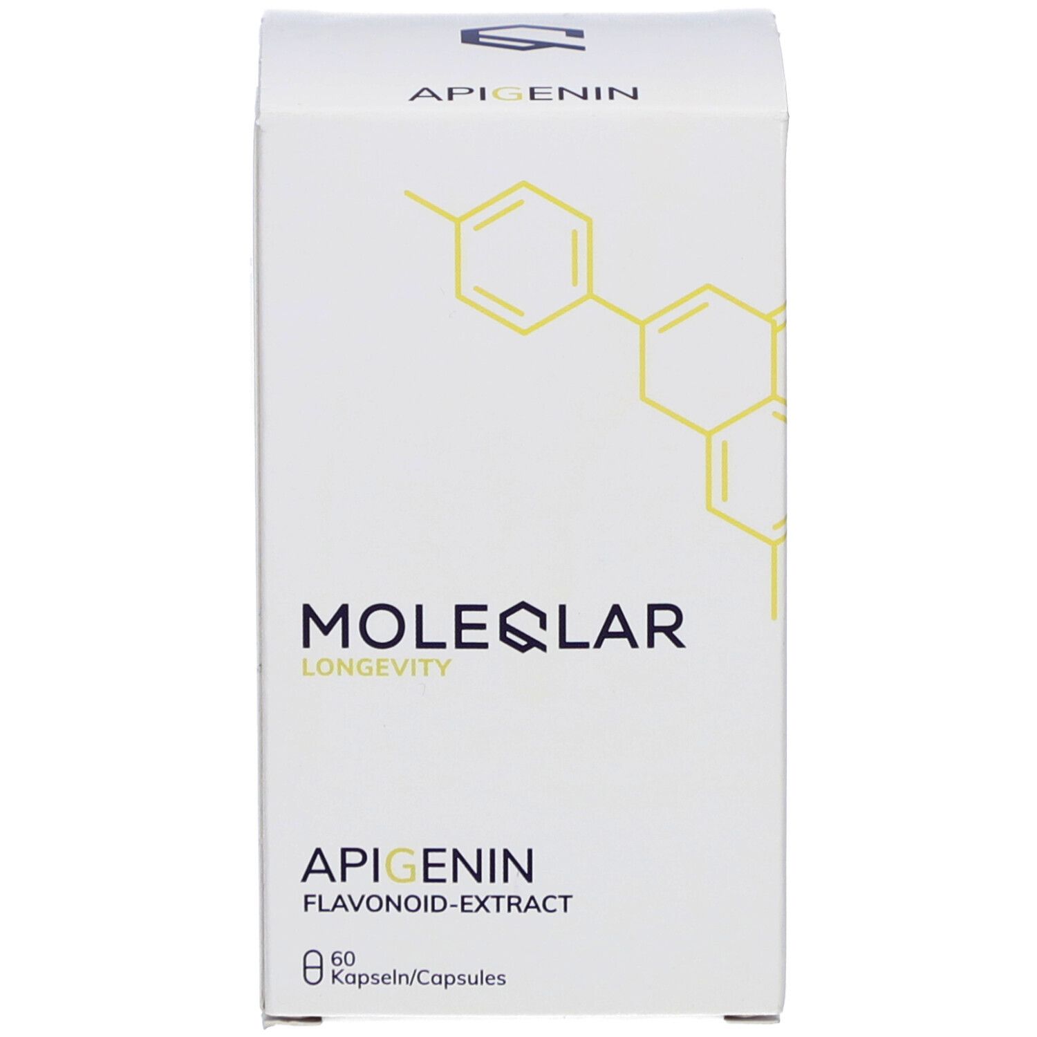 Weiße Schachtel mit "MOLEQLAR" und "APIGENIN". Enthält 60 Kapseln. Gelbes hexagonales Muster.