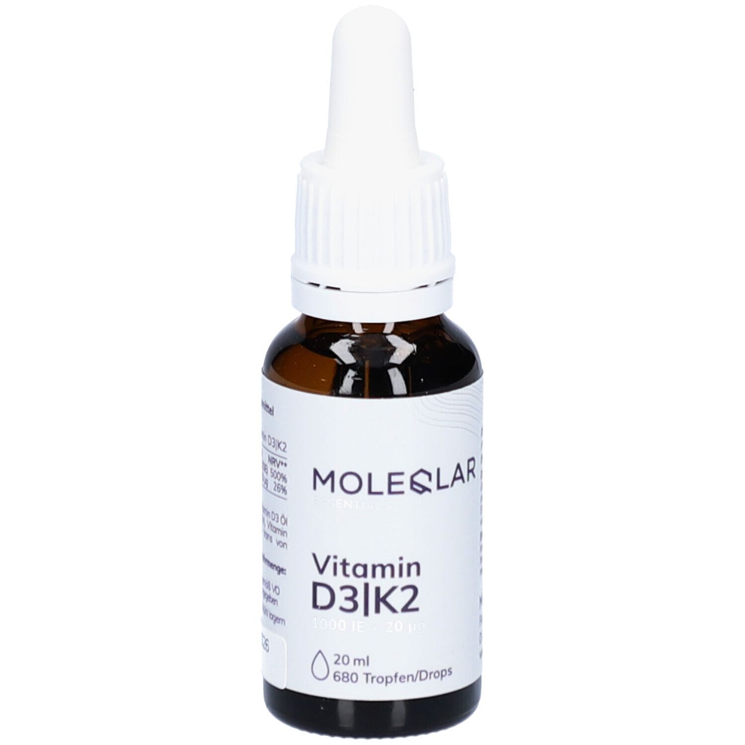 Braune Glasflasche mit weißem Deckel und Pipette. Aufschrift: Moleqlar Vitamin D3|K2. 20 ml, 680 Tropfen.