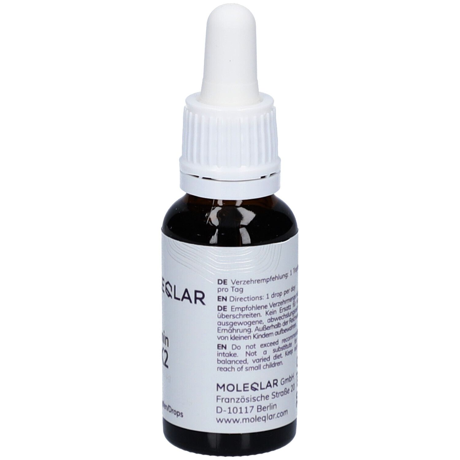 Braune Glasflasche mit weißem Deckel und Pipette. Aufschrift: Moleqlar Vitamin D3|K2. 20 ml, 680 Tropfen. Gebrauchsanweisung.