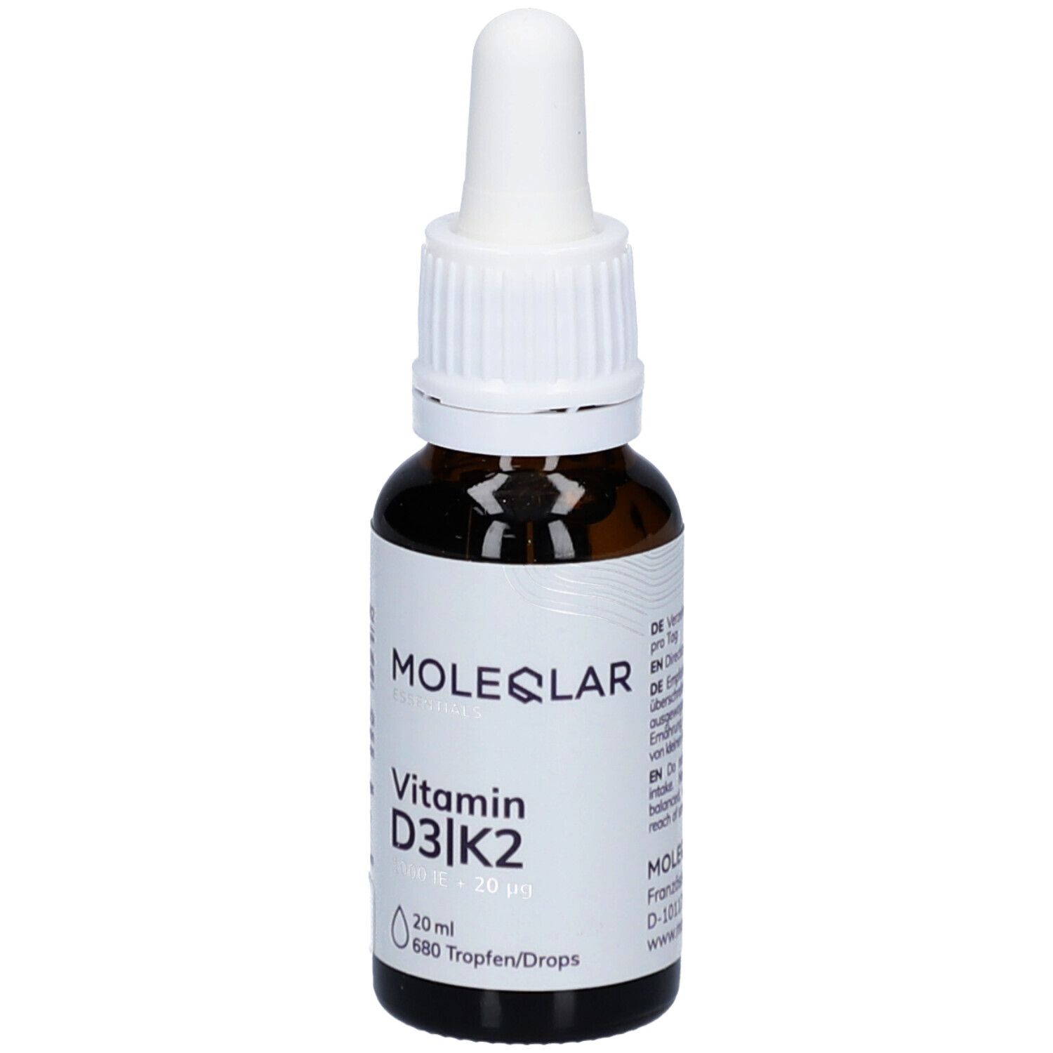 Braune Glasflasche mit weißem Deckel und Pipette. Aufschrift: Moleqlar Vitamin D3|K2. 20 ml, 680 Tropfen. Detailansicht.