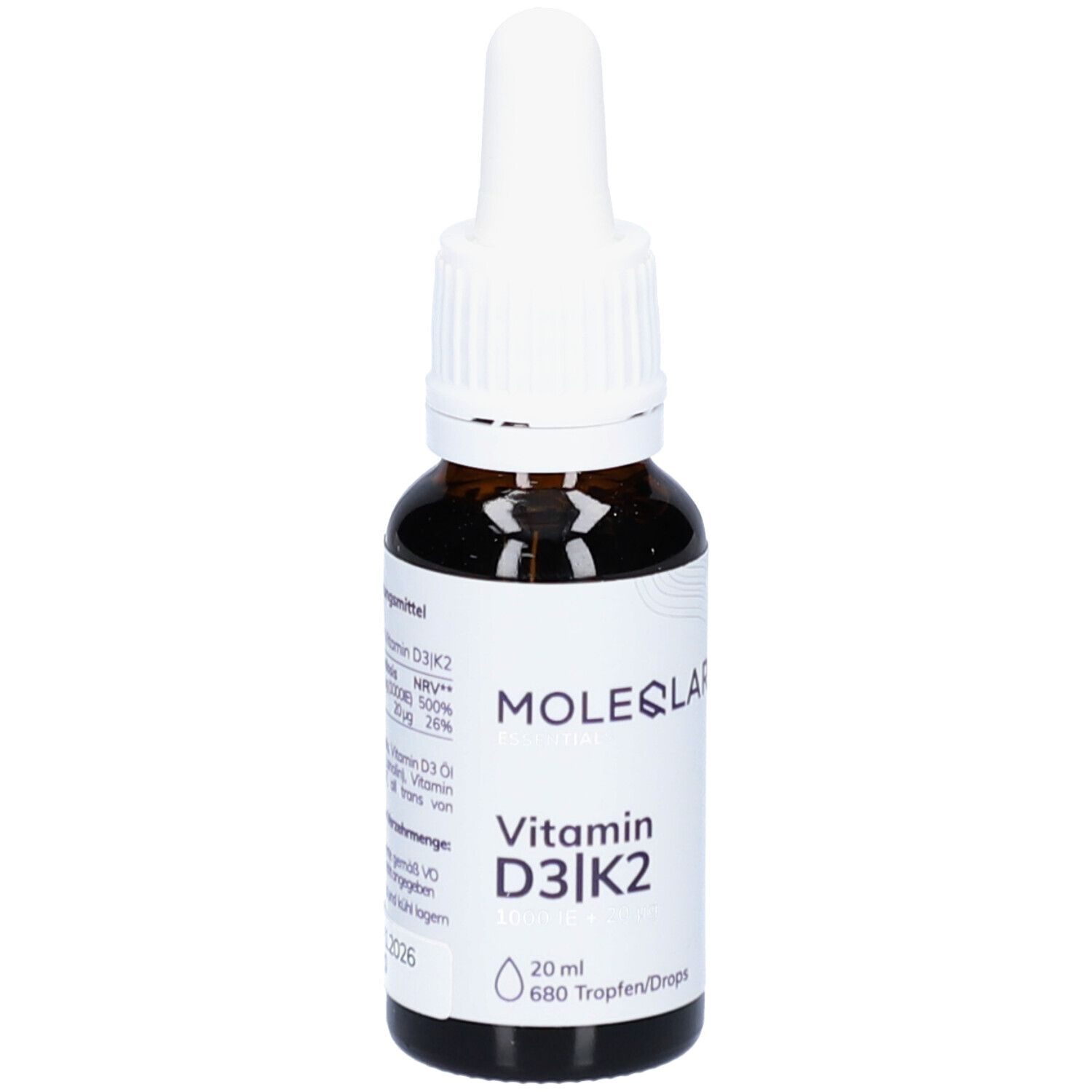 Braune Glasflasche mit weißem Deckel und Pipette. Aufschrift: Moleqlar Vitamin D3|K2. 20 ml, 680 Tropfen. Inhaltsstoffe.