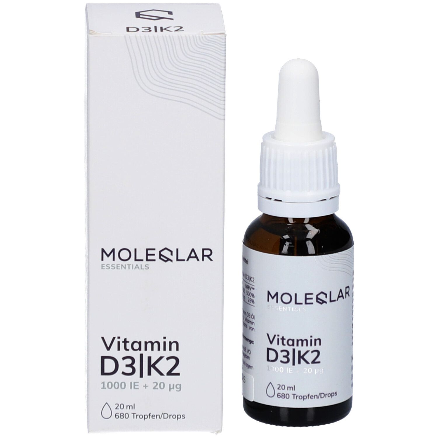 Produktverpackung mit brauner Glasflasche und weißem Karton. Aufschrift: Moleqlar Essentials Vitamin D3|K2. 20 ml, 680 Tropfen.