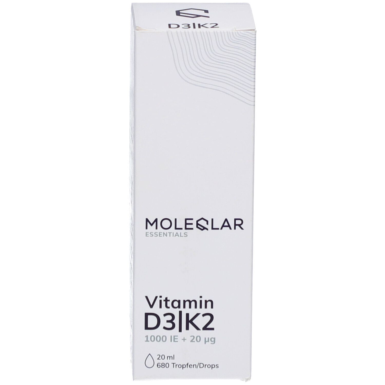Weiße Produktverpackung mit Aufschrift: Moleqlar Essentials Vitamin D3|K2. 20 ml, 680 Tropfen. Mit grafischem Muster.