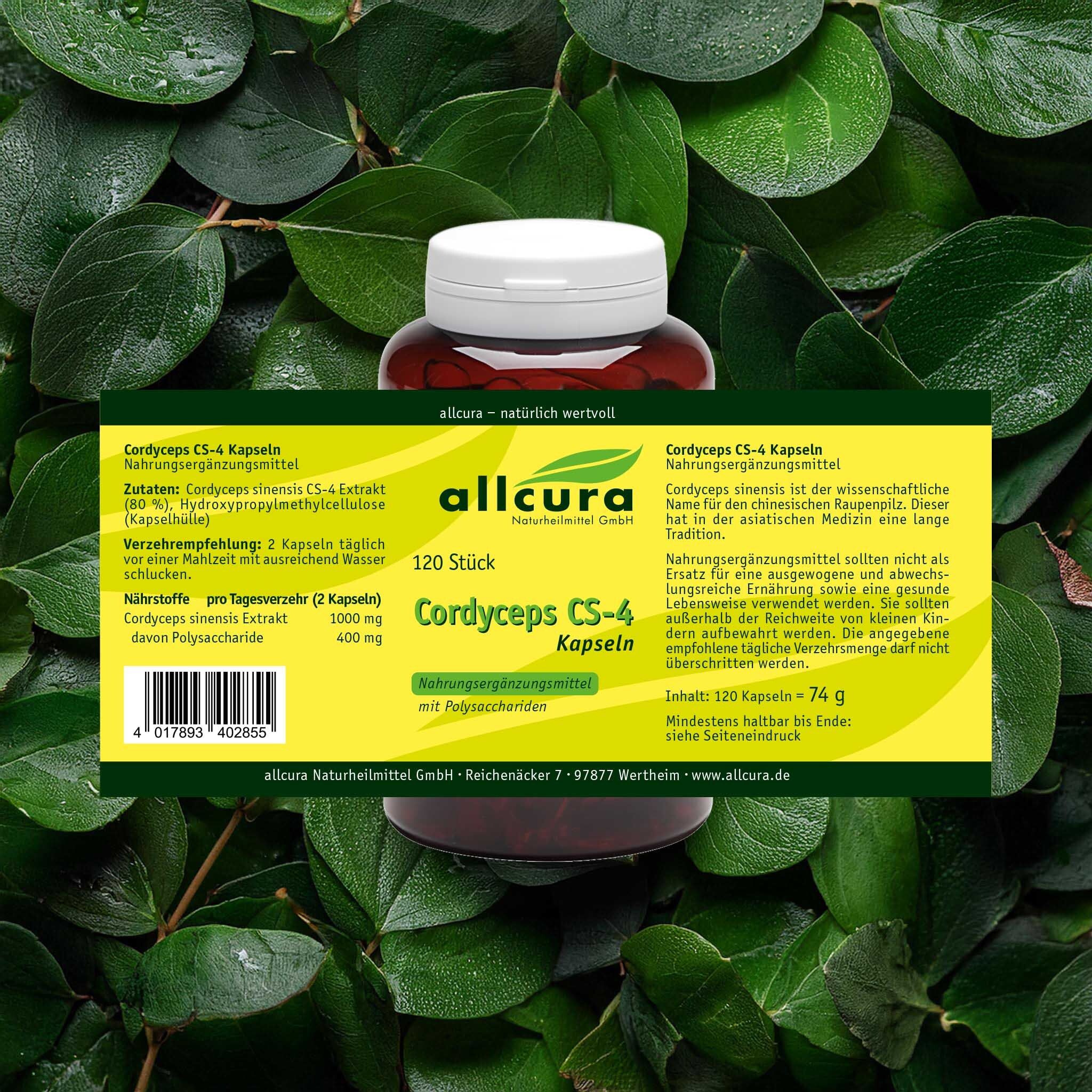 Braune Flasche mit weißen Deckel, umgeben von Blättern. Aufschrift: allcura Cordyceps CS-4 Kapseln. 120 Stück.