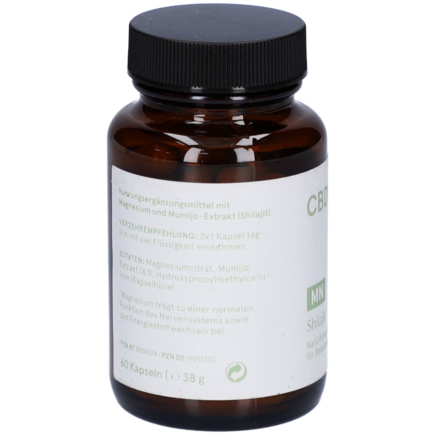 Braune Glasflasche mit schwarzen Deckel. Etikett mit Inhaltsstoffen, Dosierung und weiteren Informationen.