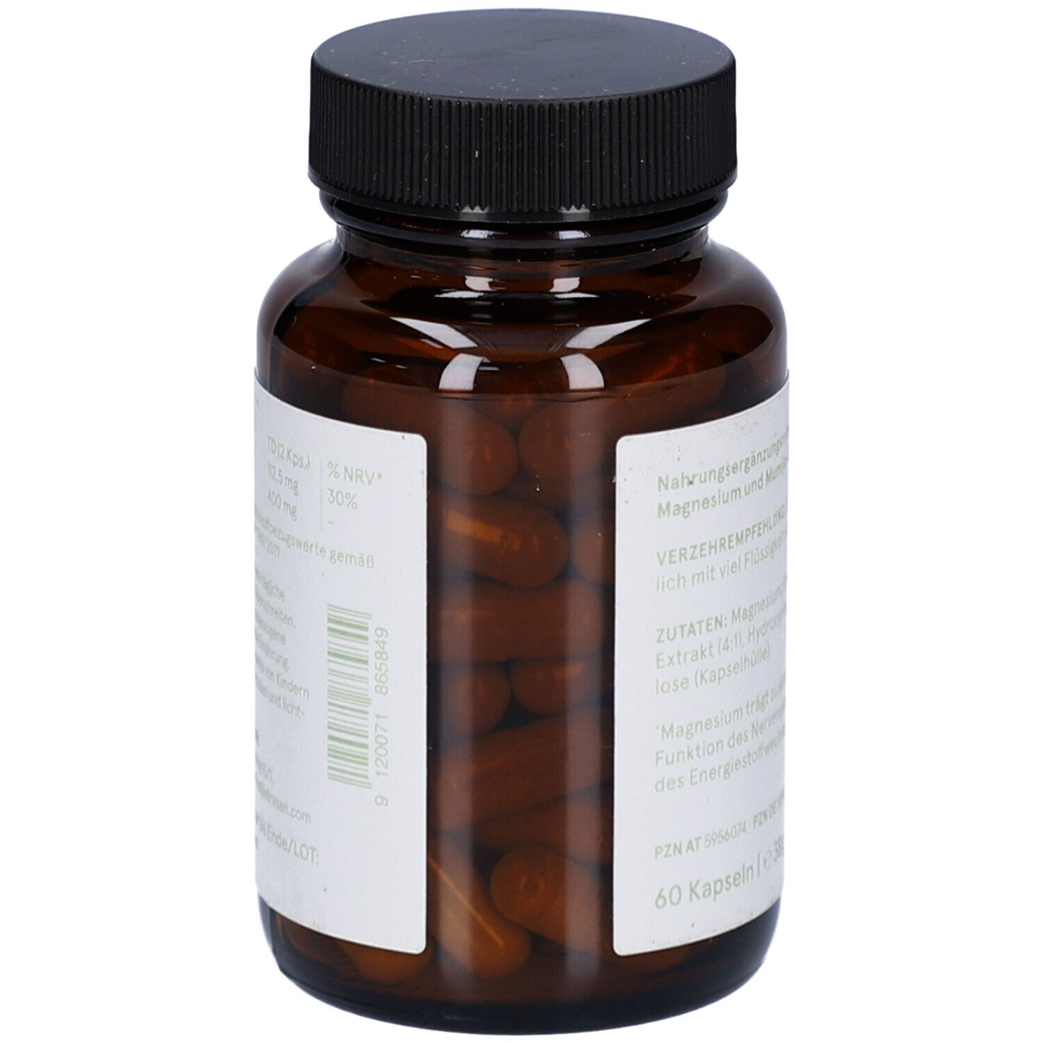 Braune Glasflasche mit schwarzen Deckel. Kapseln sichtbar. Etikett mit Inhaltsstoffen und weiteren Informationen.