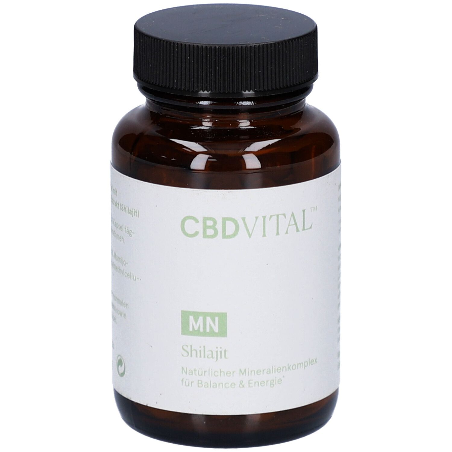 Braune Glasflasche mit schwarzen Deckel. Etikett mit CBDVITAL, MN, Shilajit und weiteren Informationen.